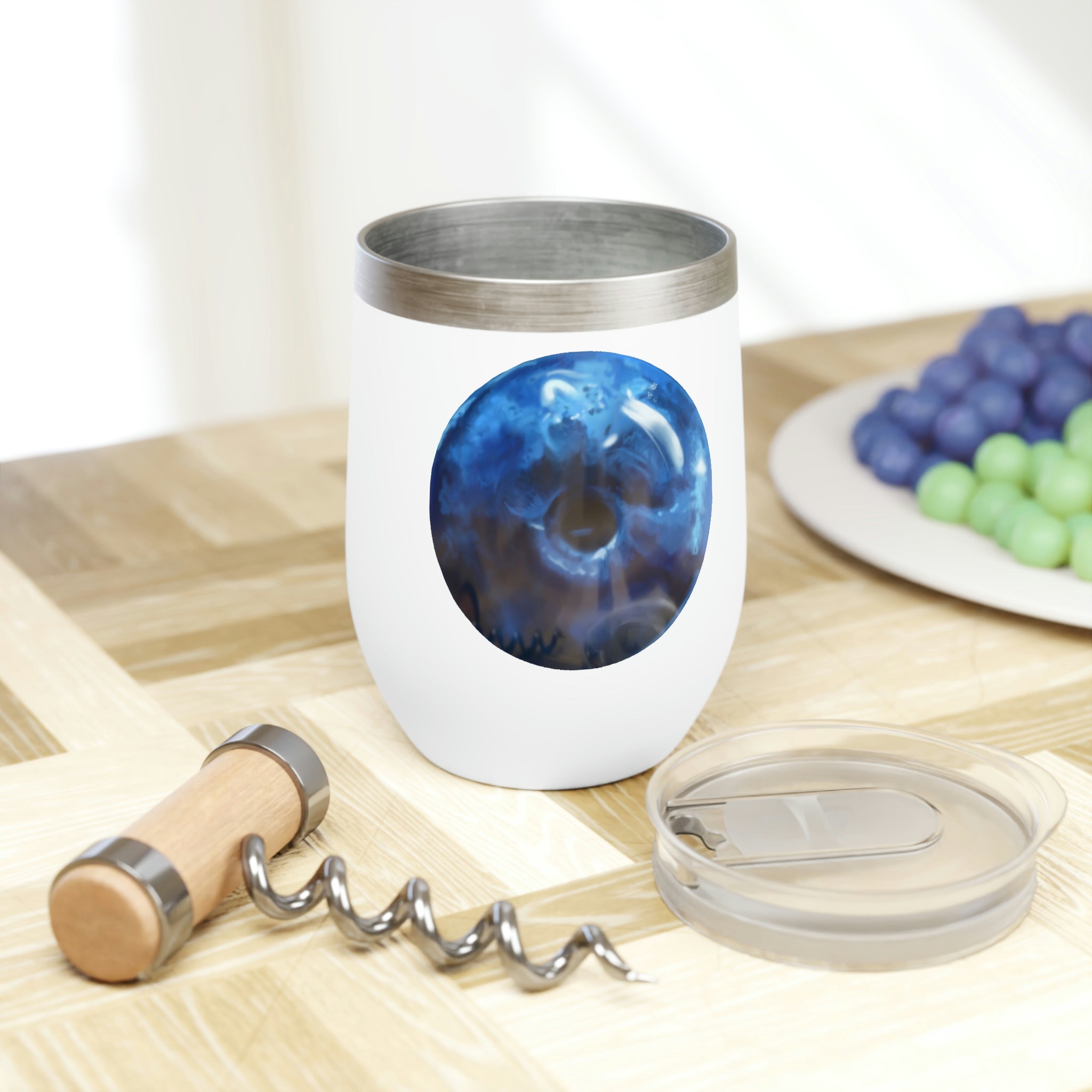 Blueberry Chill Wine Tumbler in stainless steel with double-insulated walls, showcasing a sleek and modern design.