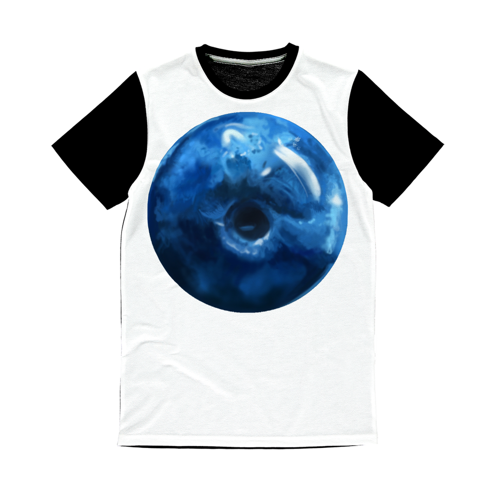 Blueberry Classic Sublimation Panel T-Shirt featuring a vibrant front design and plain black back, ideal for sublimation printing.