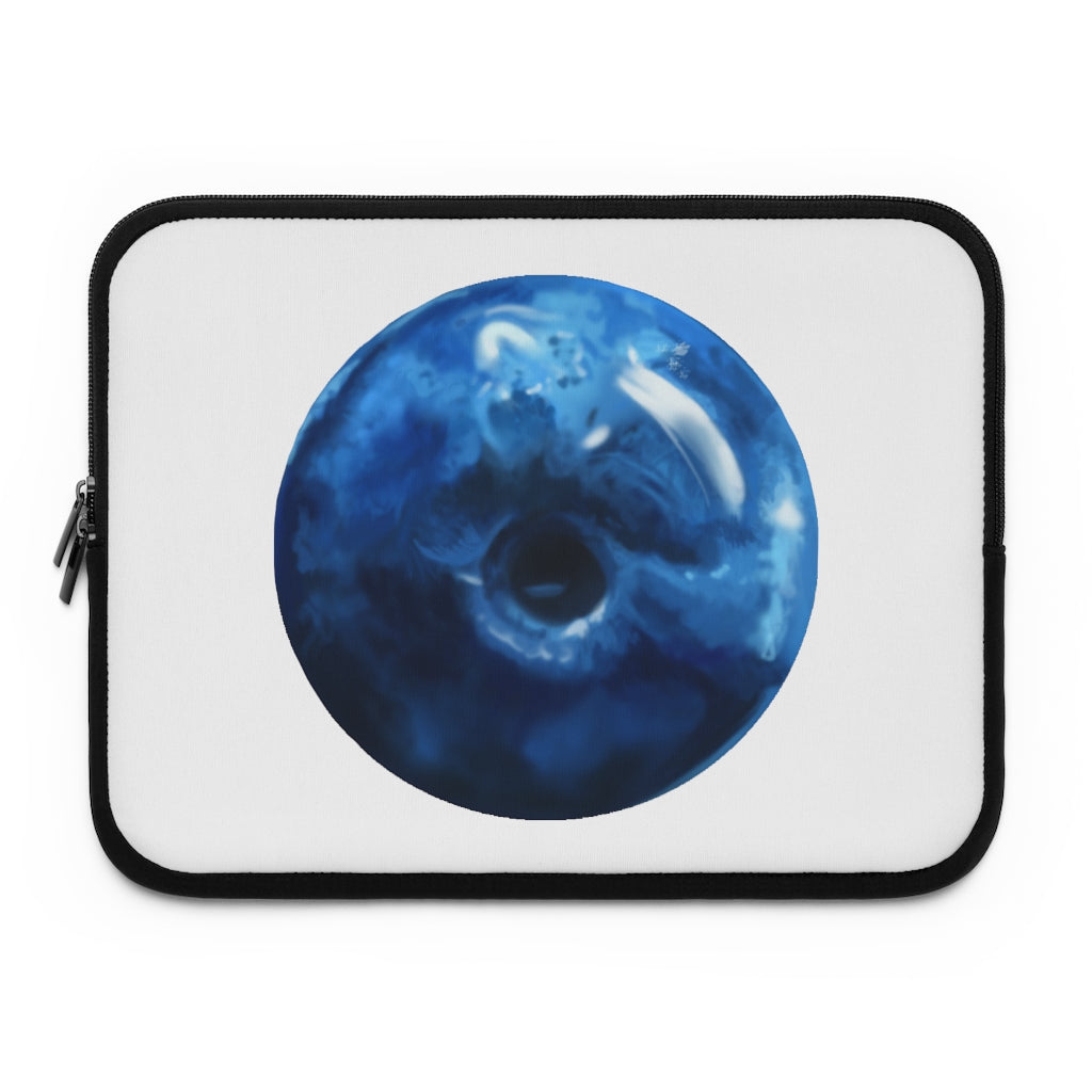 Blueberry Laptop Sleeve featuring a vibrant blueberry design with a black polyester back and dual zipper enclosures.