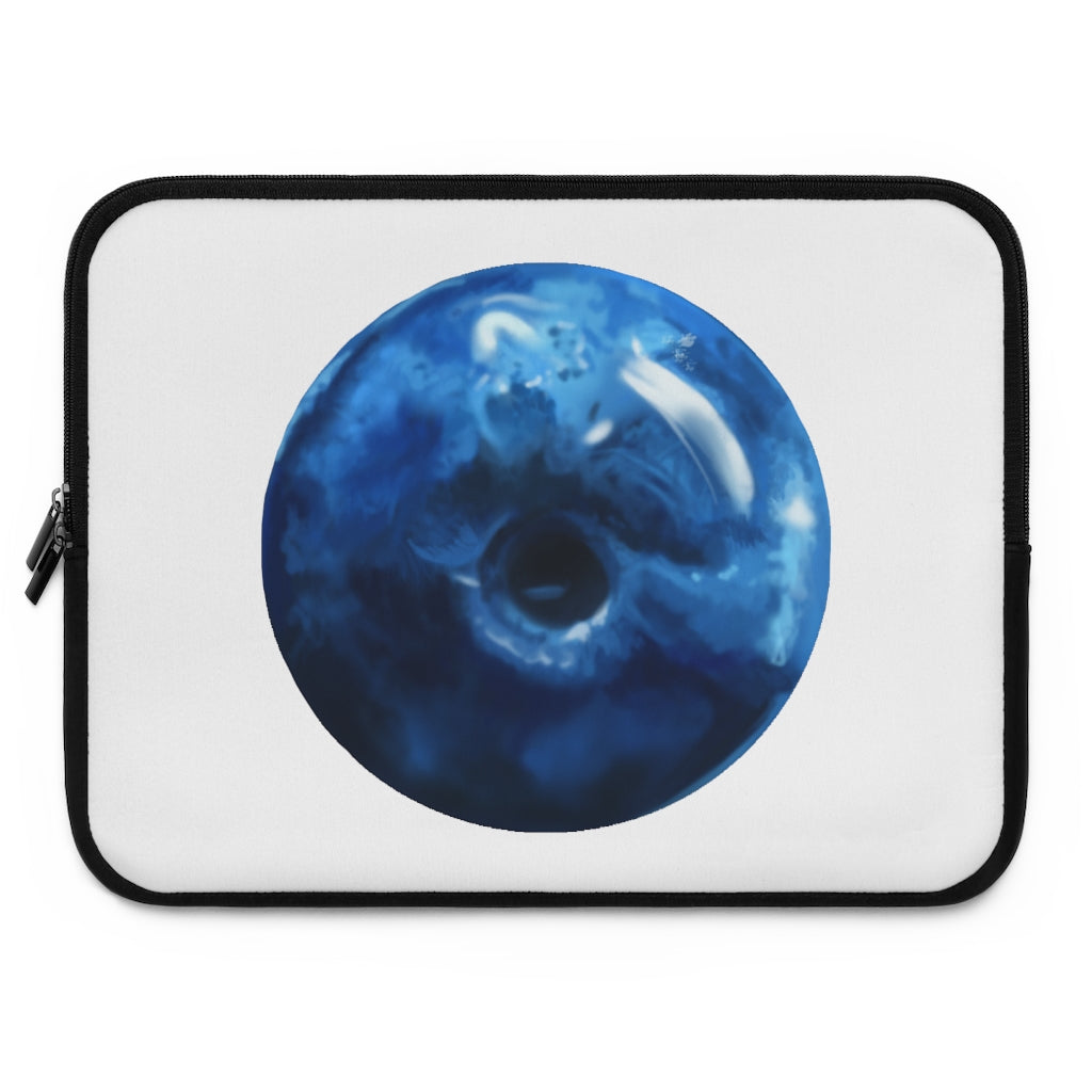 Blueberry Laptop Sleeve featuring a vibrant blueberry design with a black polyester back and dual zipper enclosures.