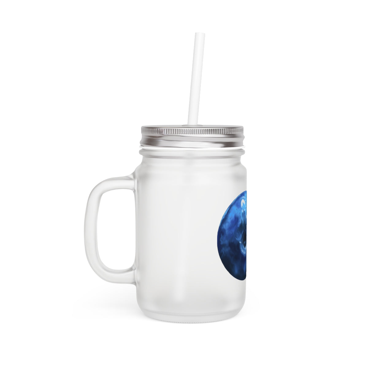 A stylish Blueberry Mason Jar made of frosted glass, featuring a straw and lid, perfect for personalized drinks.