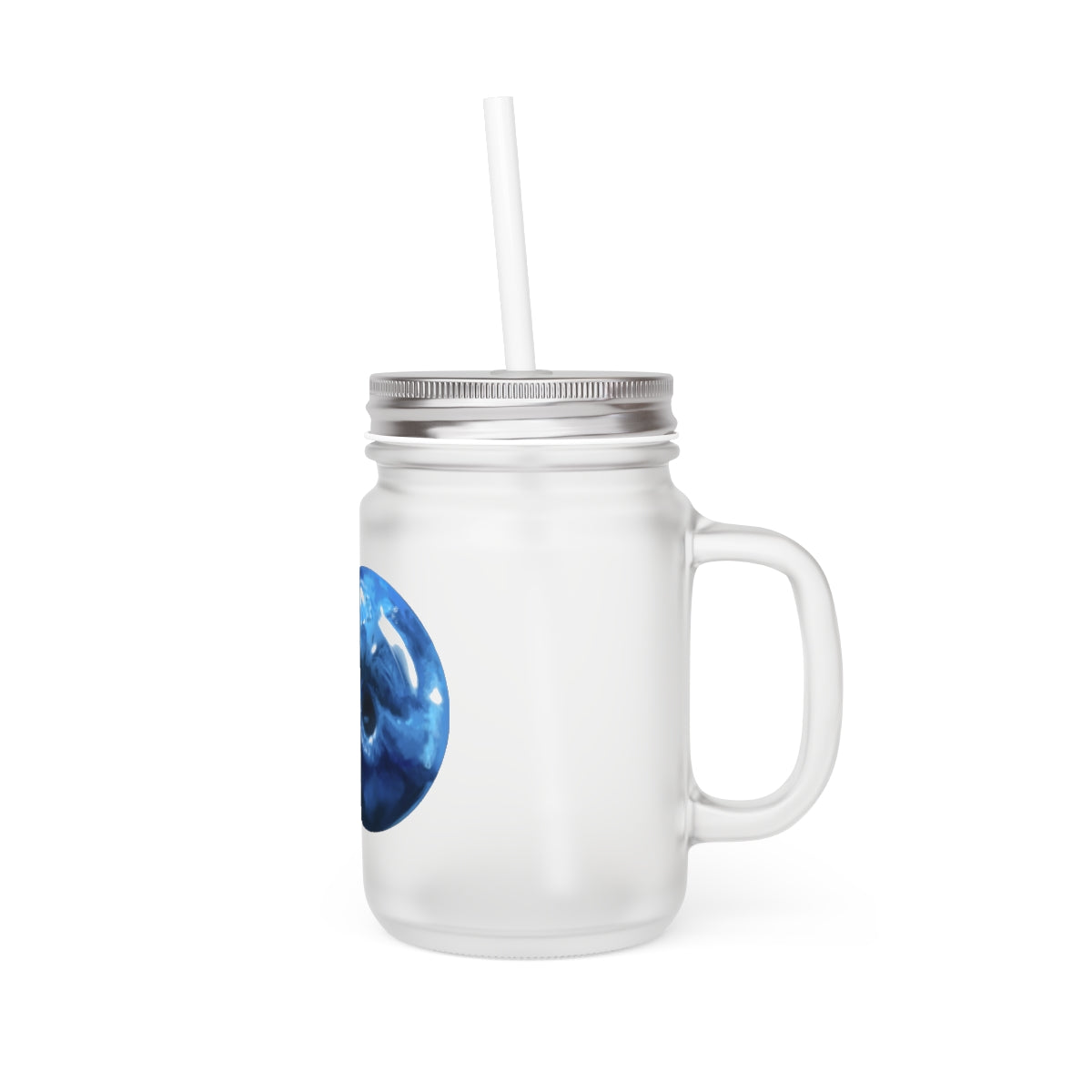 A stylish Blueberry Mason Jar made of frosted glass, featuring a straw and lid, perfect for personalized drinks.