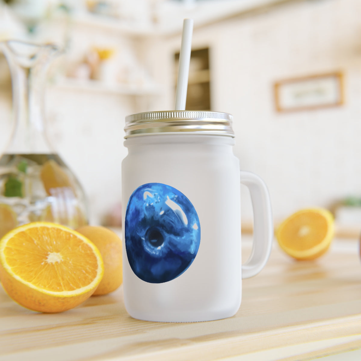 A stylish Blueberry Mason Jar made of frosted glass, featuring a straw and lid, perfect for personalized drinks.