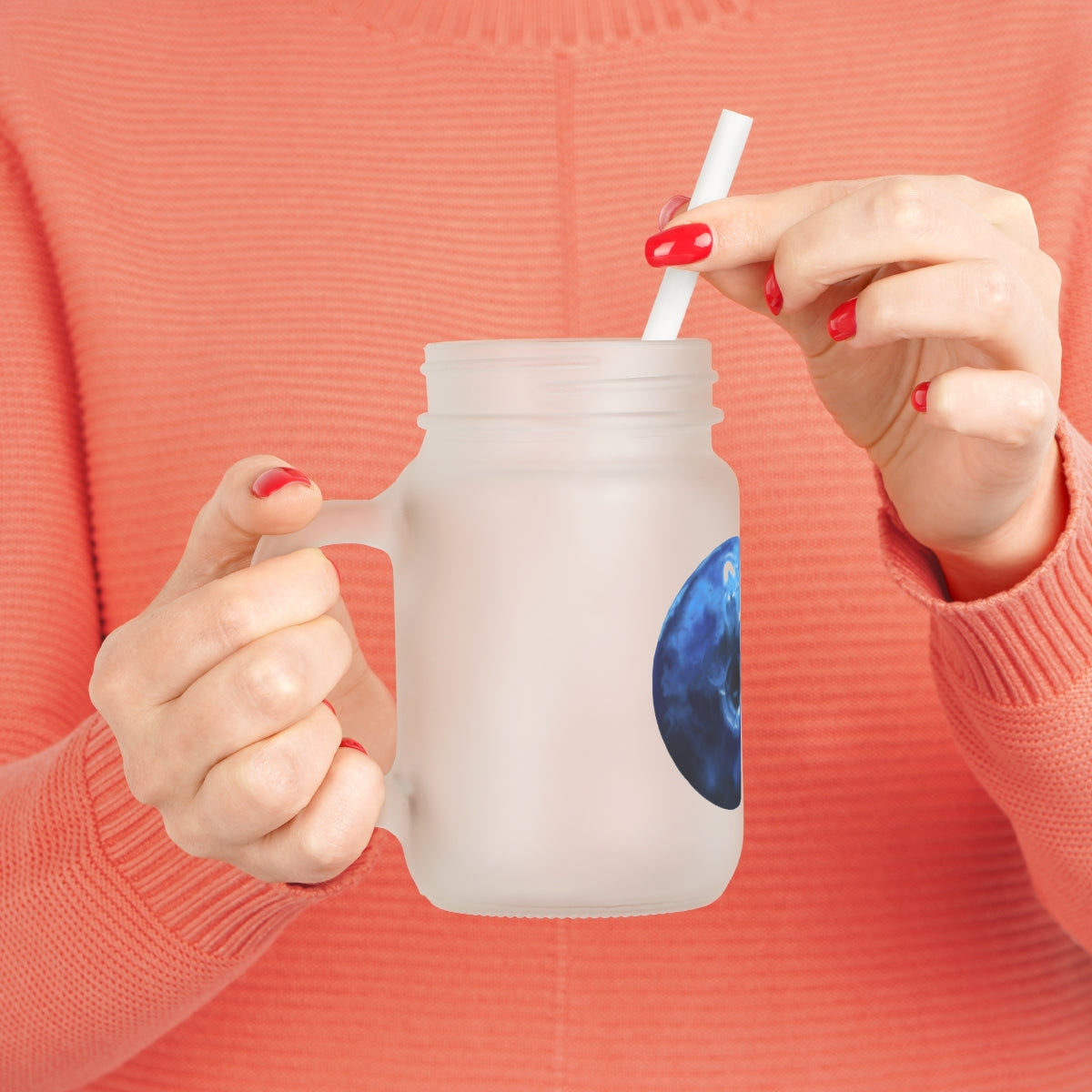 A stylish Blueberry Mason Jar made of frosted glass, featuring a straw and lid, perfect for personalized drinks.