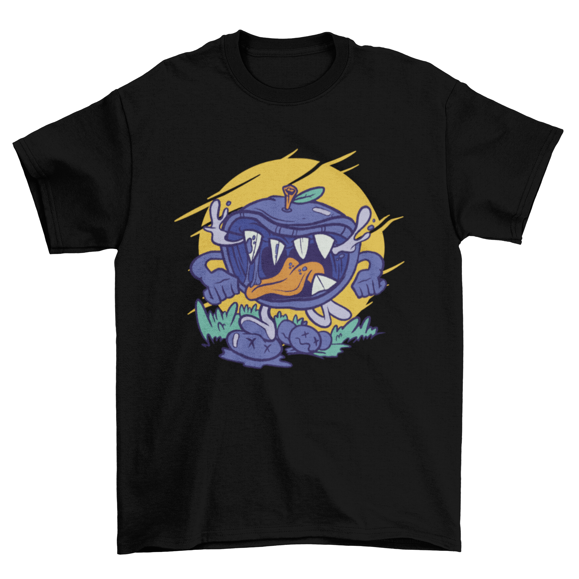 A vibrant cartoon-style t-shirt featuring a playful blueberry monster design, perfect for casual wear.