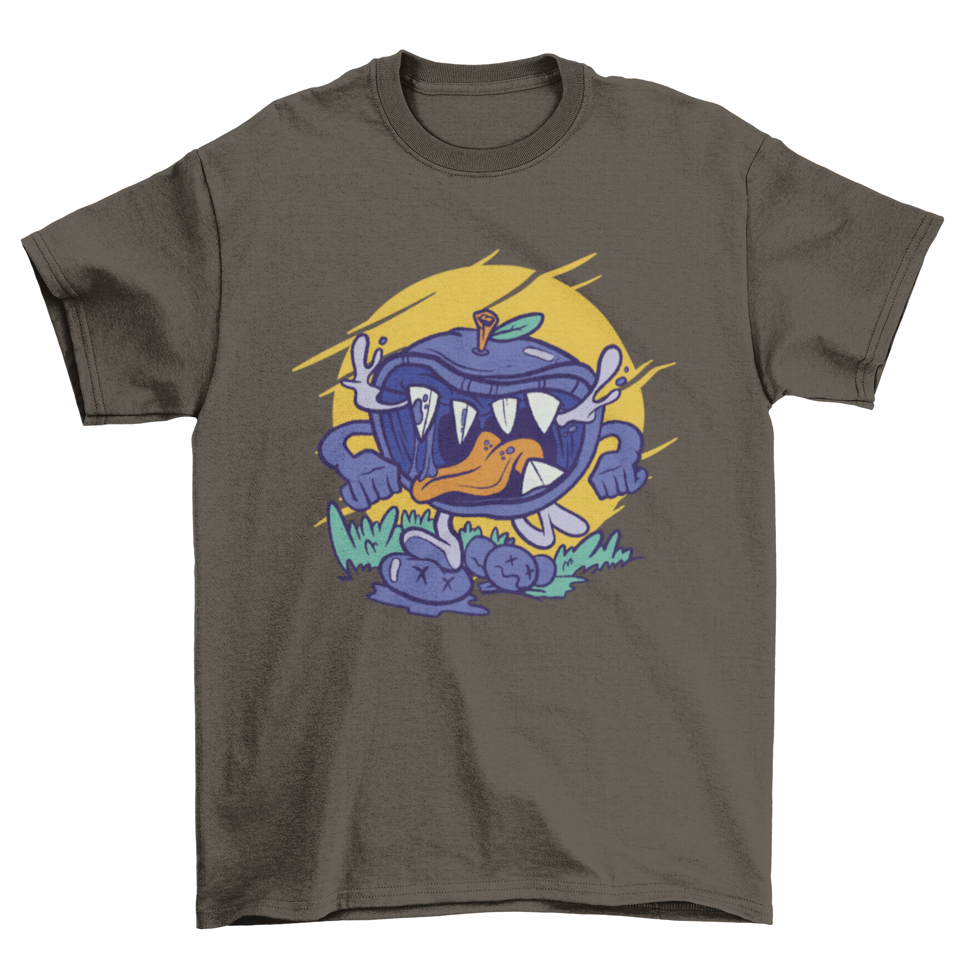 A vibrant cartoon-style t-shirt featuring a playful blueberry monster design, perfect for casual wear.