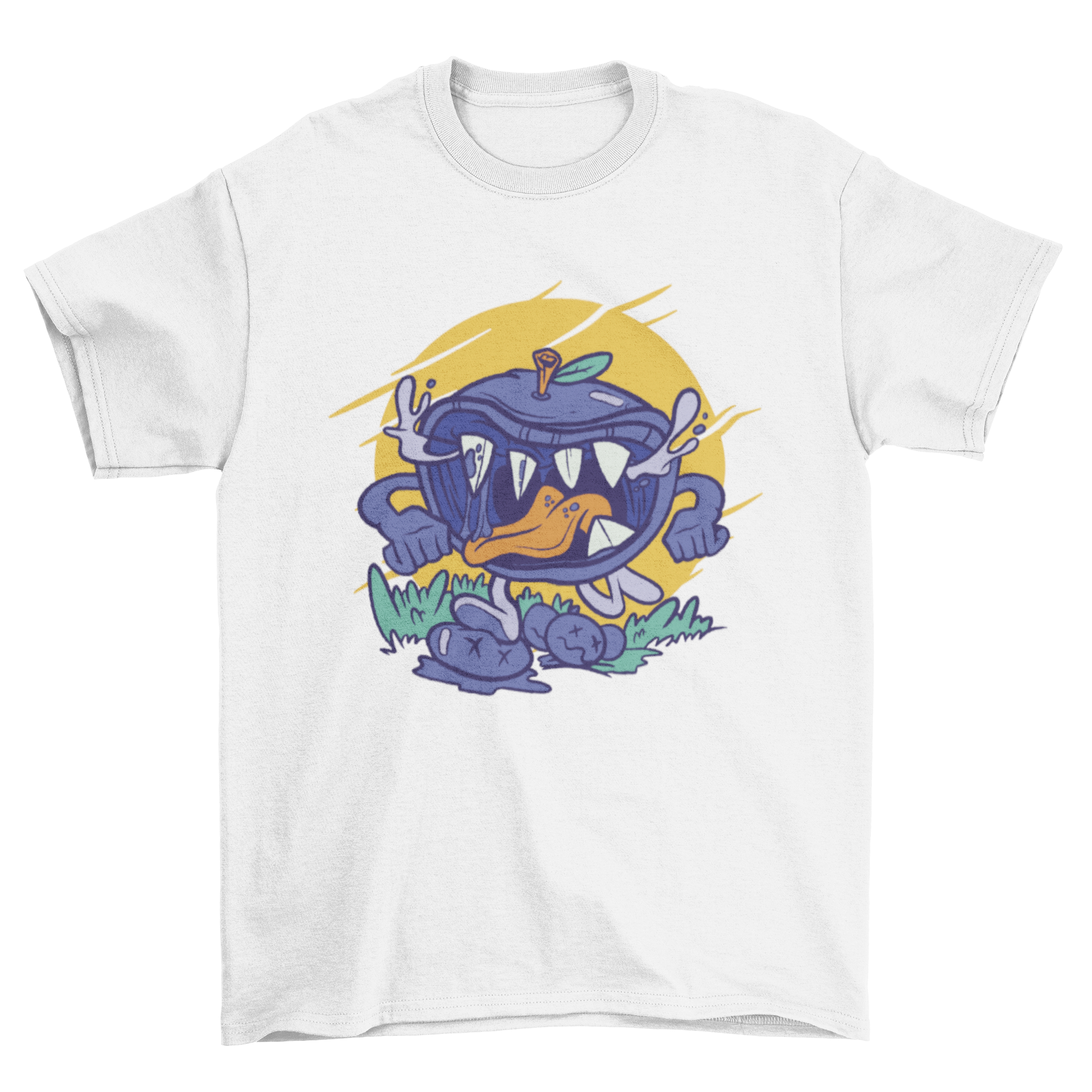 A vibrant cartoon-style t-shirt featuring a playful blueberry monster design, perfect for casual wear.