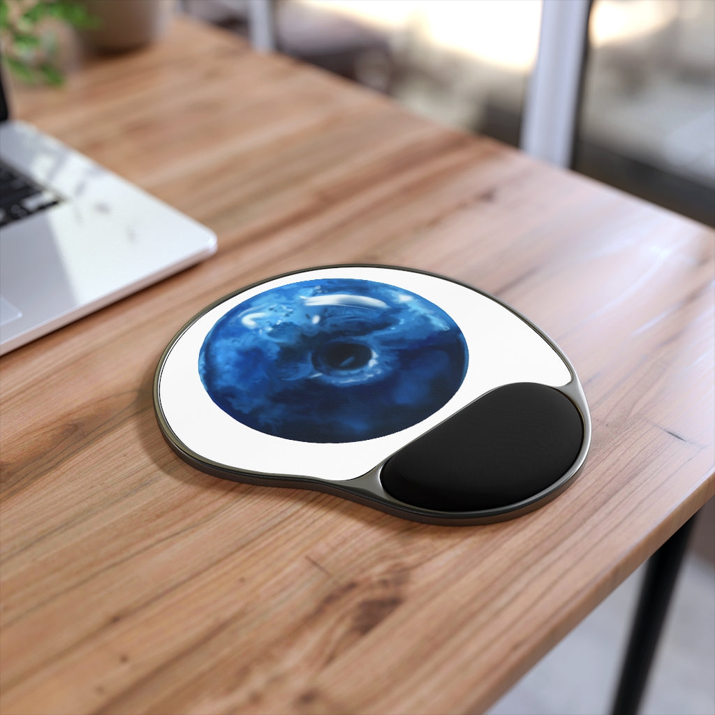 Blueberry Mouse Pad with ergonomic Memory Foam wrist rest and custom-printed neoprene insert, featuring a foot-shaped design.