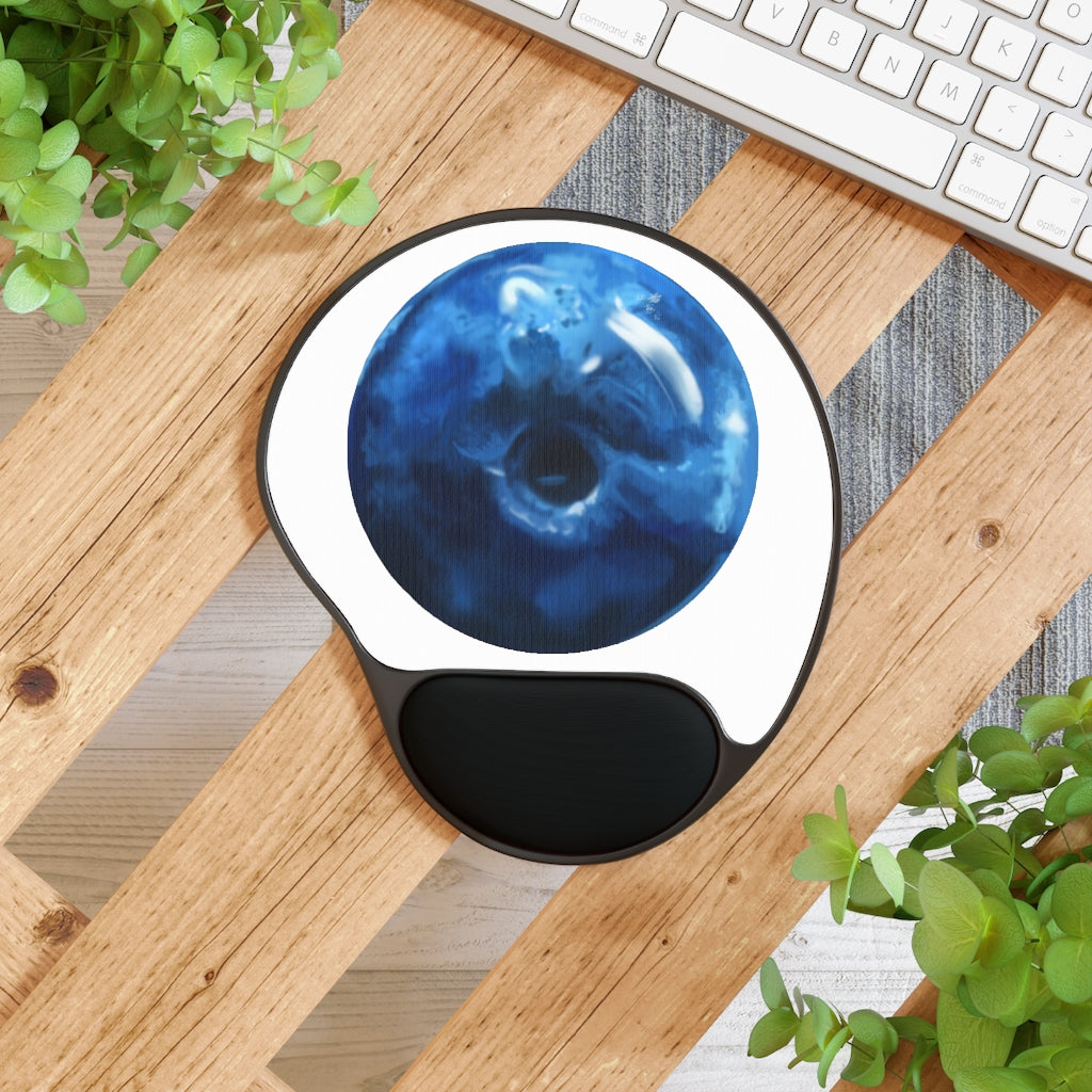 Blueberry Mouse Pad with ergonomic Memory Foam wrist rest and custom-printed neoprene insert, featuring a foot-shaped design.