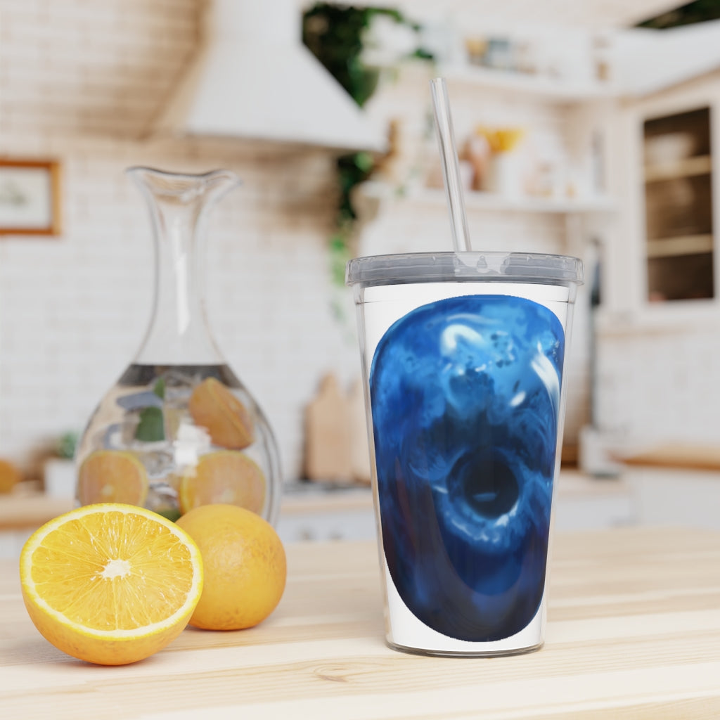 Blueberry Plastic Tumbler with Straw, featuring a vibrant blue color, lid, and reusable straw, perfect for drinks at home or events.