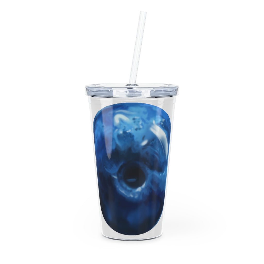 Blueberry Plastic Tumbler with Straw, featuring a vibrant blue color, lid, and reusable straw, perfect for drinks at home or events.