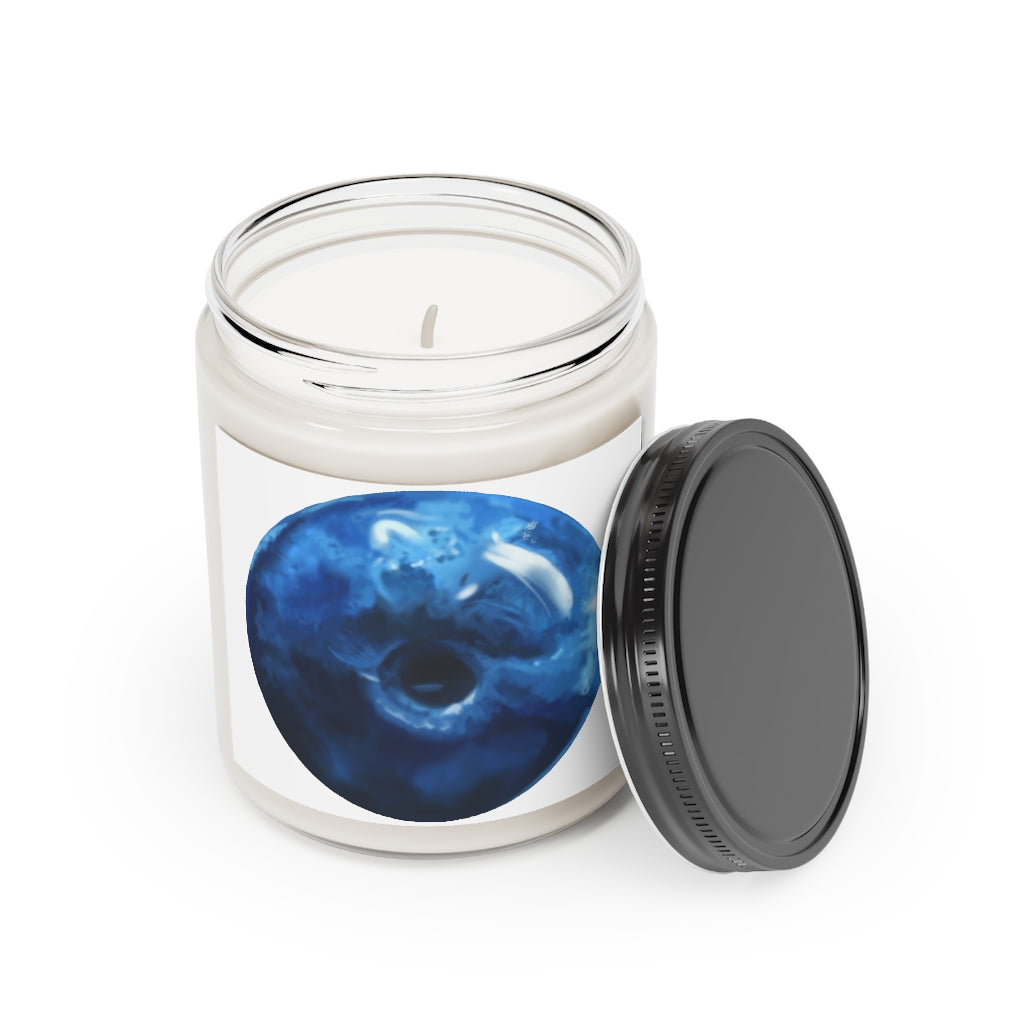 Blueberry Scented Candle in a glass container, hand-poured with vegan soy coconut wax, featuring a permanent adhesive label.