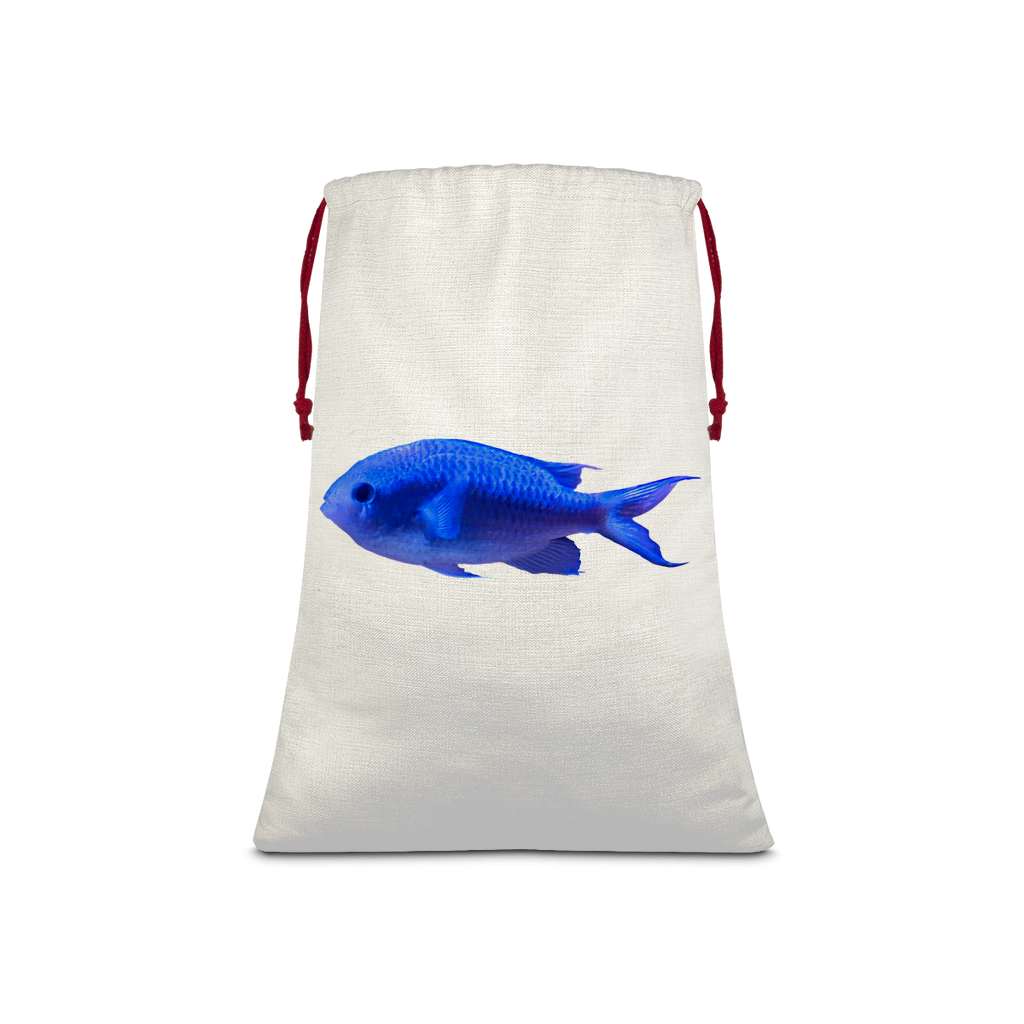 BlueFish Sublimation Linen Drawstring Sack with red drawstring, featuring eco-friendly printed front, ideal for Christmas gifts and laundry.