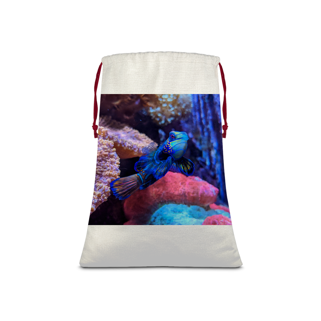 BlueFish Sublimation Linen Drawstring Sack with red drawstring, featuring eco-friendly printed design, ideal for Christmas gifts.