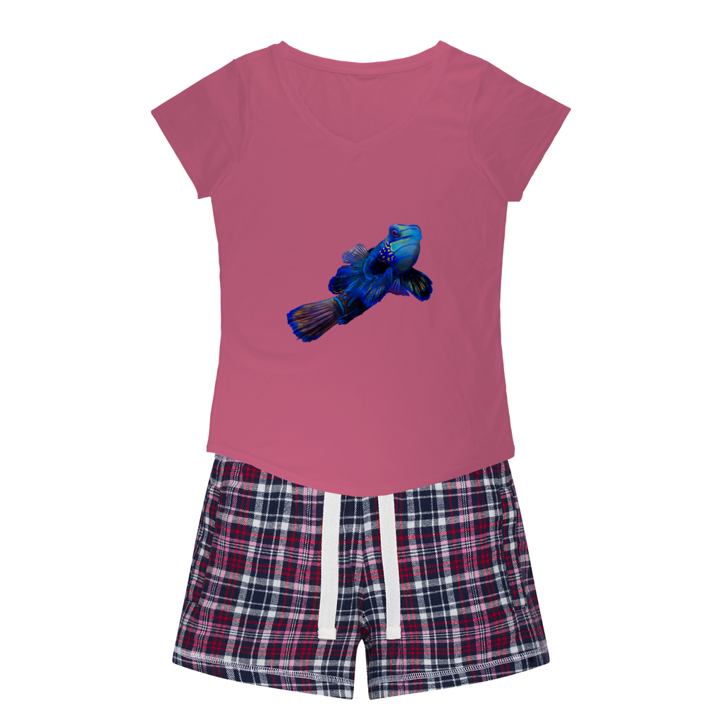 BlueFish Women's Sleepy Tee and Flannel Short set featuring a relaxed fit T-shirt and vibrant flannel shorts, perfect for cozy nights.