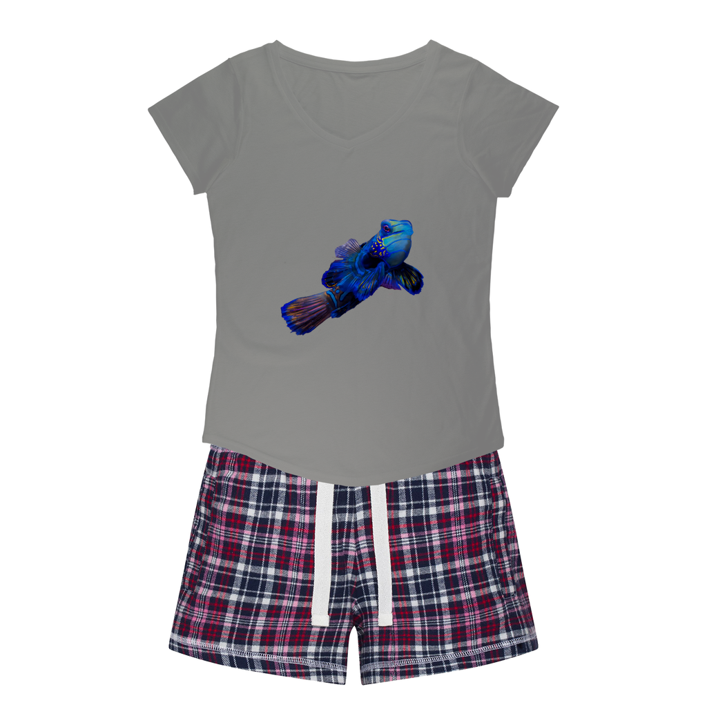 BlueFish Women's Sleepy Tee and Flannel Short set featuring a relaxed fit T-shirt and vibrant flannel shorts, perfect for cozy nights.