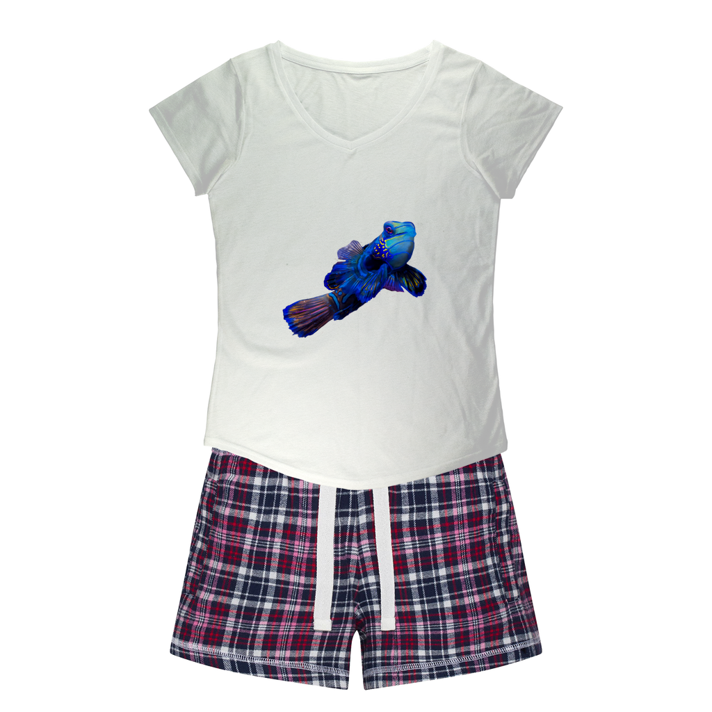 BlueFish Women's Sleepy Tee and Flannel Short set featuring a relaxed fit T-shirt and vibrant flannel shorts, perfect for cozy nights.