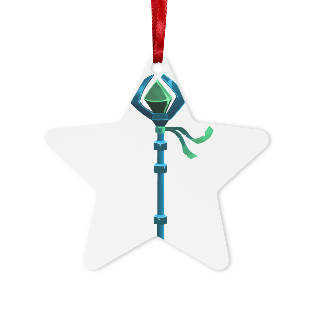 BlueStaff Metal Hanging Ornament in hexagon and star shapes, featuring a gloss white finish and red ribbon for hanging.