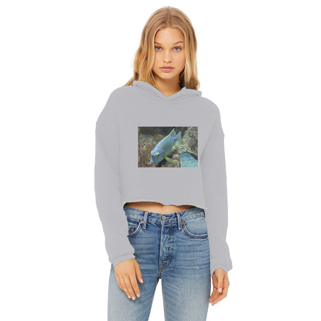 BlueYellowFish Ladies Cropped Raw Edge Hoodie in various colors with a stylish cropped design and raw edge hem.