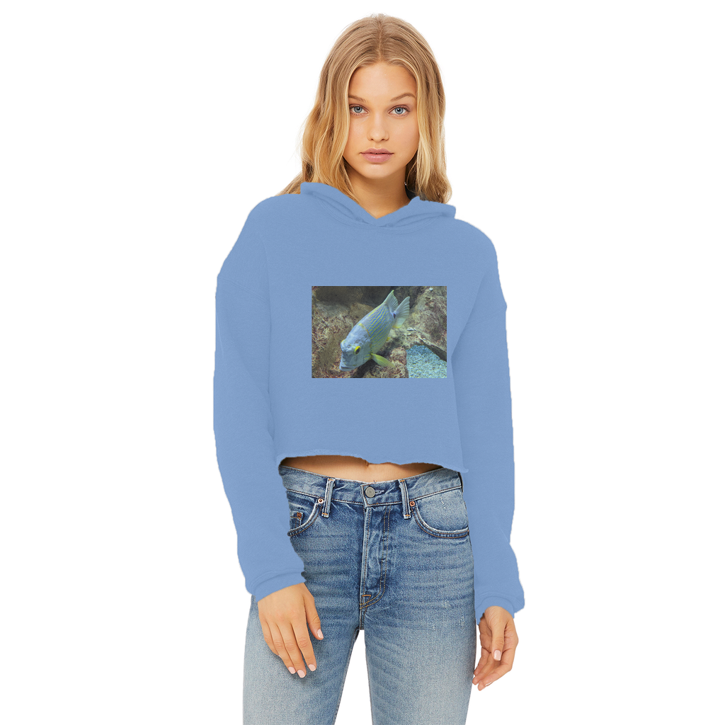 BlueYellowFish Ladies Cropped Raw Edge Hoodie in various colors with a stylish cropped design and raw edge hem.