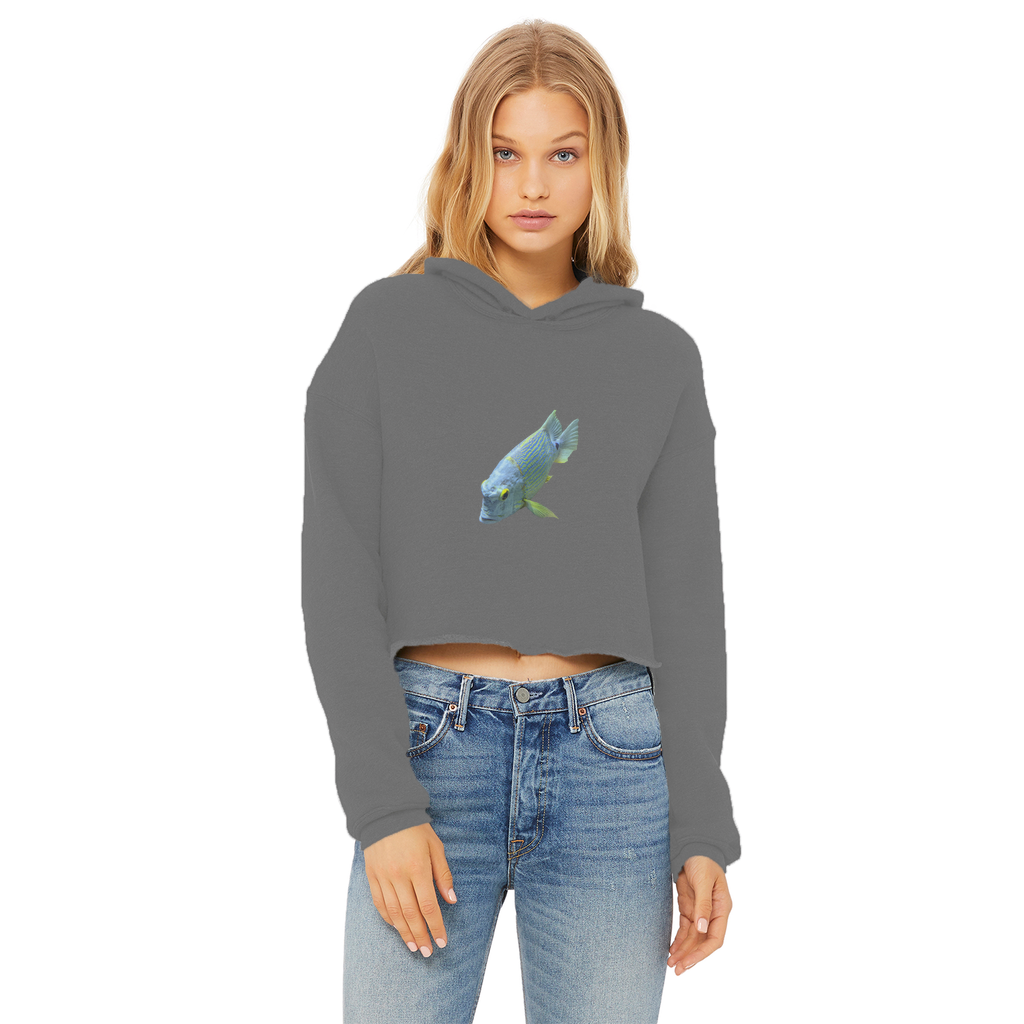 BlueYellowFish Ladies Cropped Raw Edge Hoodie in various colors, showcasing its stylish cropped design and raw edge hem.