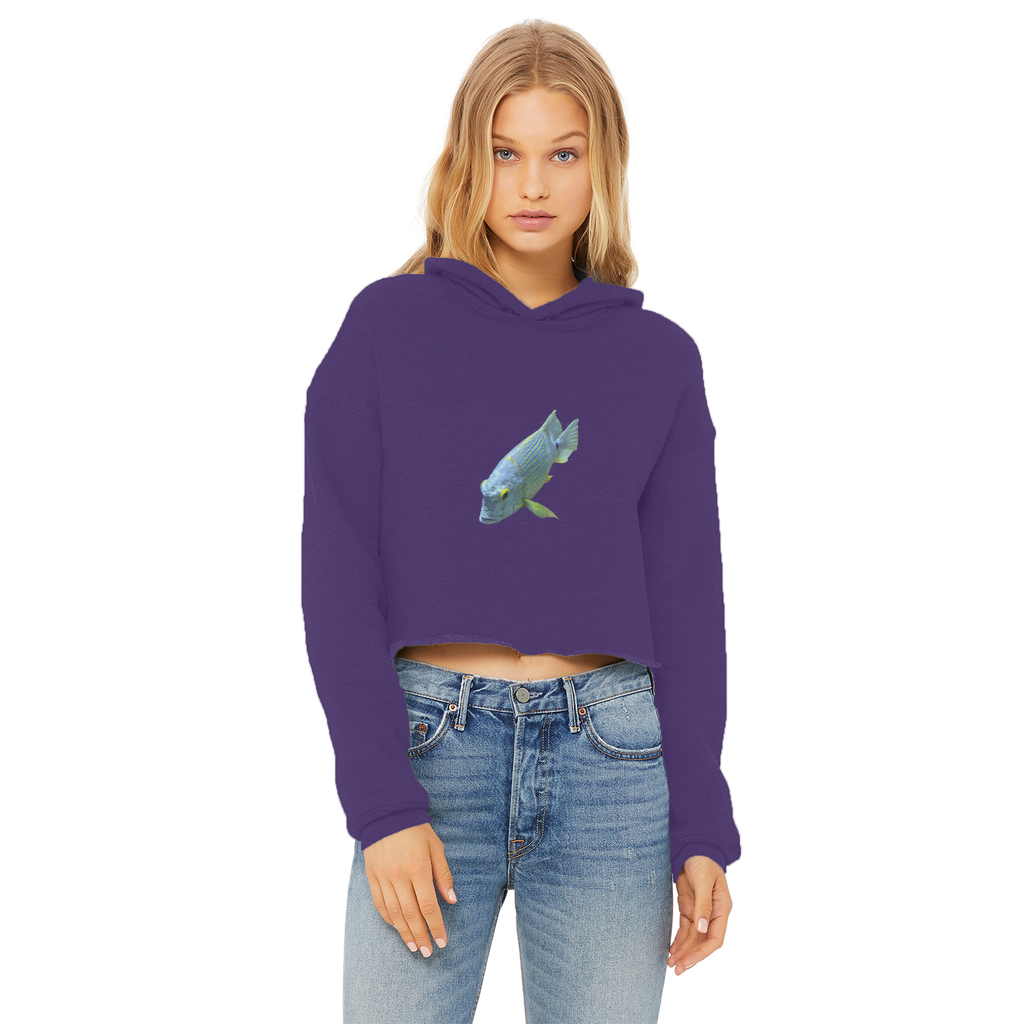 BlueYellowFish Ladies Cropped Raw Edge Hoodie in various colors, showcasing its stylish cropped design and raw edge hem.