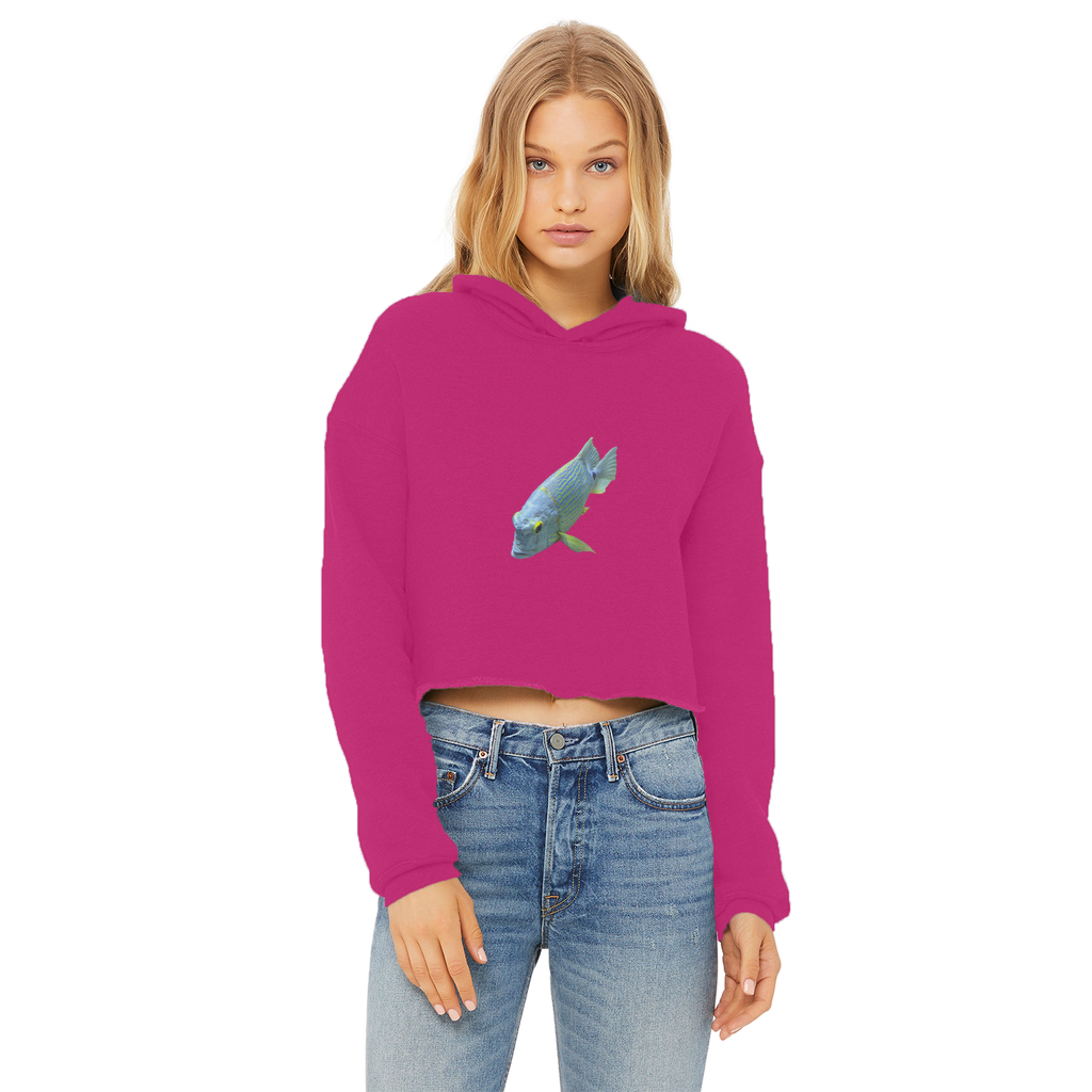 BlueYellowFish Ladies Cropped Raw Edge Hoodie in various colors, showcasing its stylish cropped design and raw edge hem.