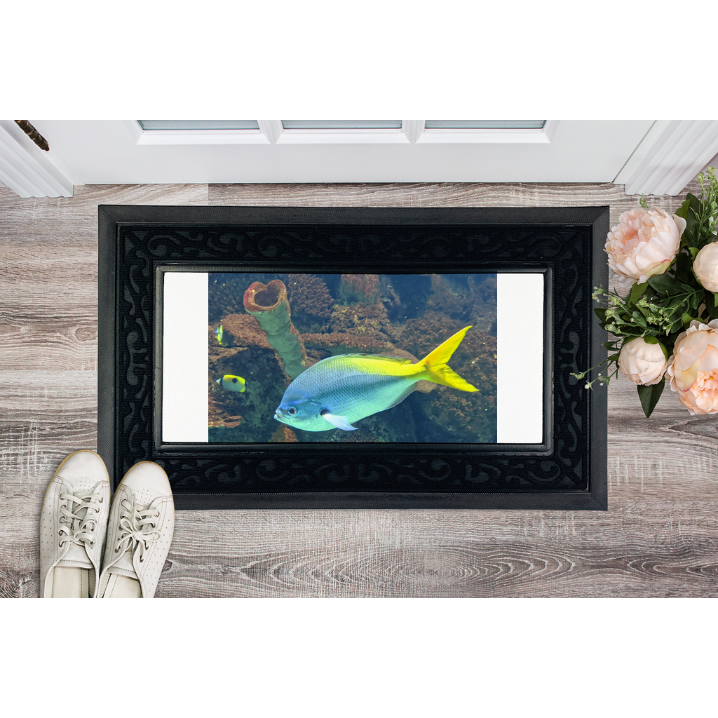 BlueYellowFish Sublimation Heavy Duty Door Mat with a removable fabric center and non-slip rubber base, featuring a stylish brush border.