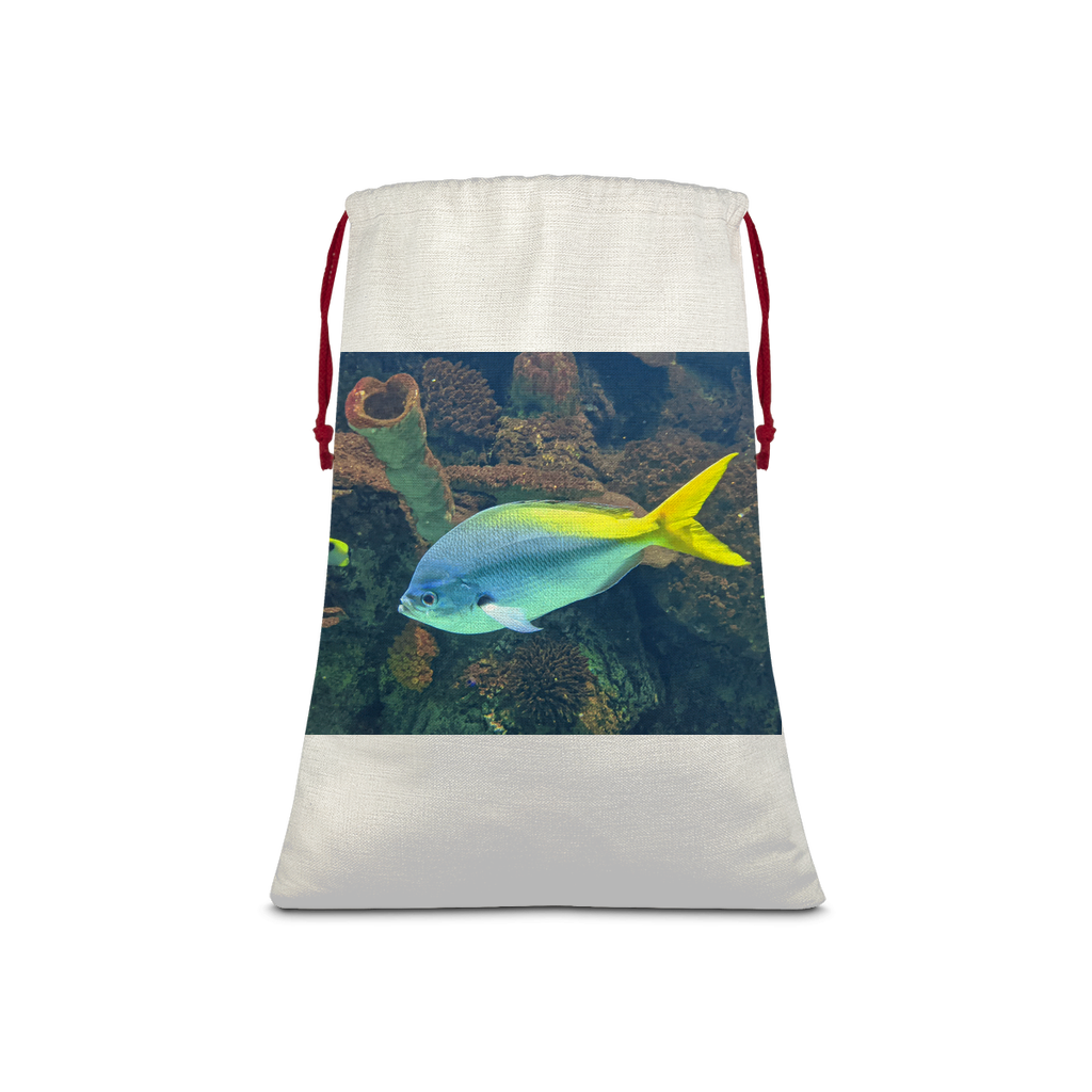 BlueYellowFish Sublimation Linen Drawstring Sack with red drawstring, featuring eco-friendly print and linen texture.