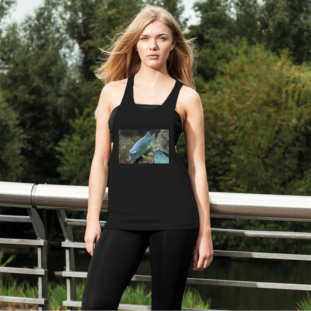 BlueYellowFish Women's Loose Racerback Tank Top in light grey, featuring a wide crew neck and extra-deep armholes for a comfortable fit.