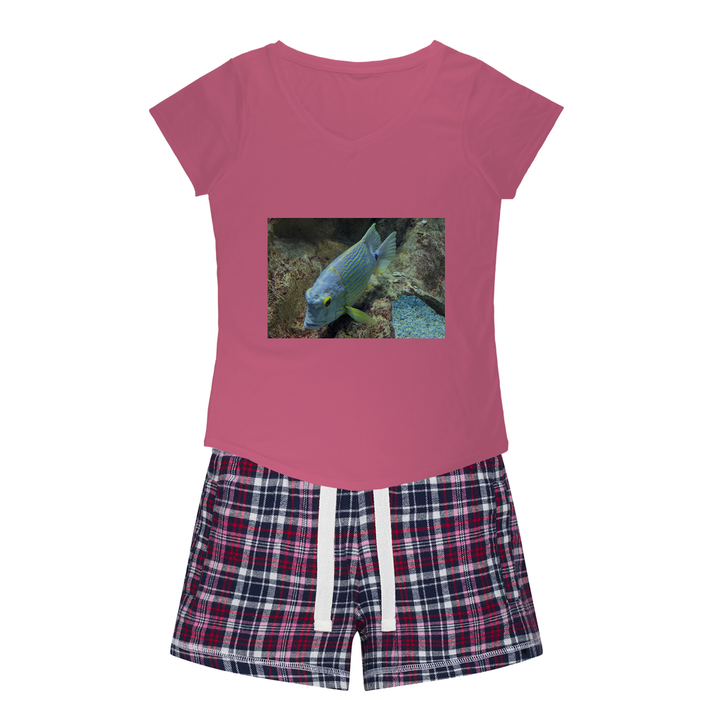 BlueYellowFish Women's Sleepy Tee and Flannel Short set featuring a relaxed fit T-shirt and vibrant flannel shorts, perfect for cozy nights.