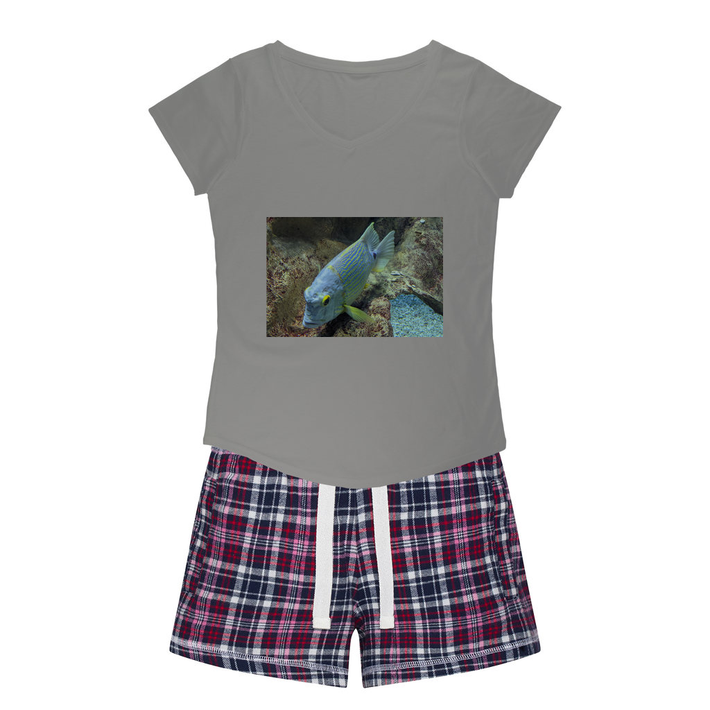 BlueYellowFish Women's Sleepy Tee and Flannel Short set featuring a relaxed fit T-shirt and vibrant flannel shorts, perfect for cozy nights.