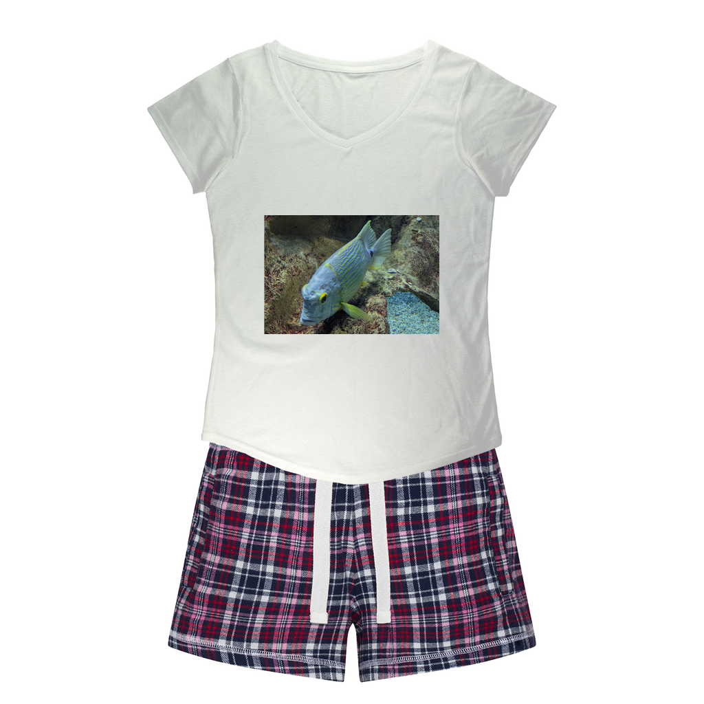 BlueYellowFish Women's Sleepy Tee and Flannel Short set featuring a relaxed fit T-shirt and vibrant flannel shorts, perfect for cozy nights.