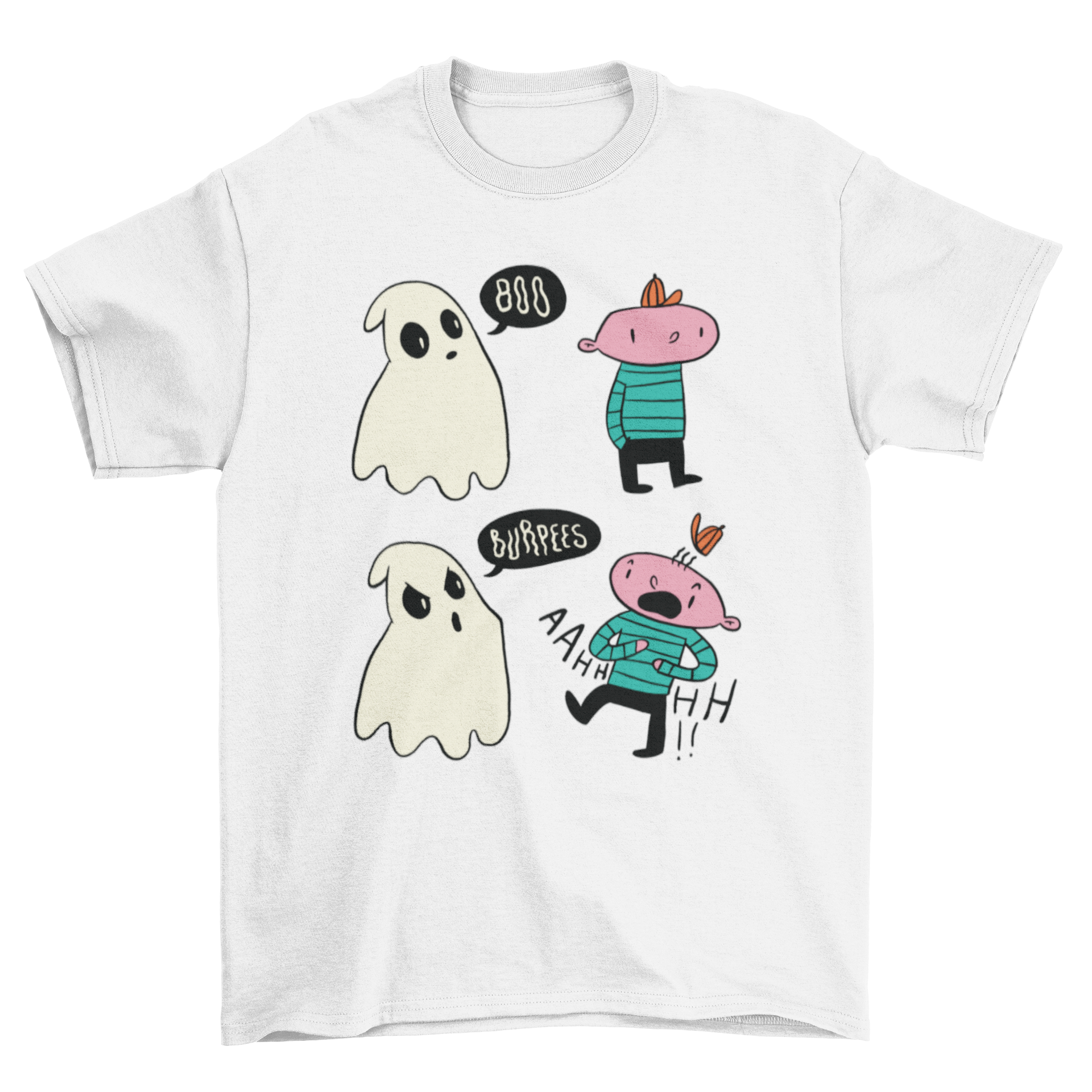 A humorous Boo Burpees T-shirt featuring a ghost trying to scare a child, with the text 'Burpees' in a playful font.