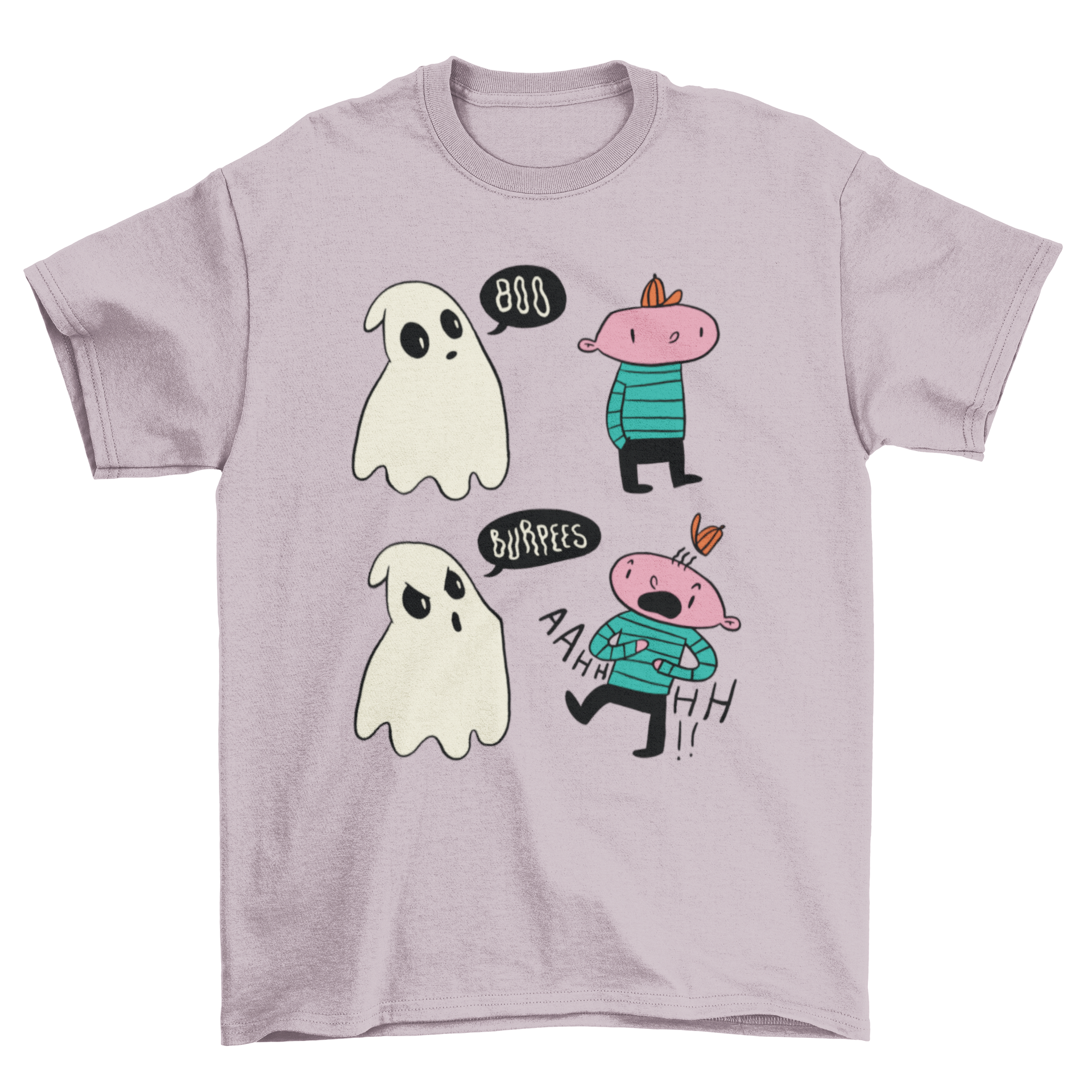 A humorous Boo Burpees T-shirt featuring a ghost trying to scare a child, with the text 'Burpees' in a playful font.