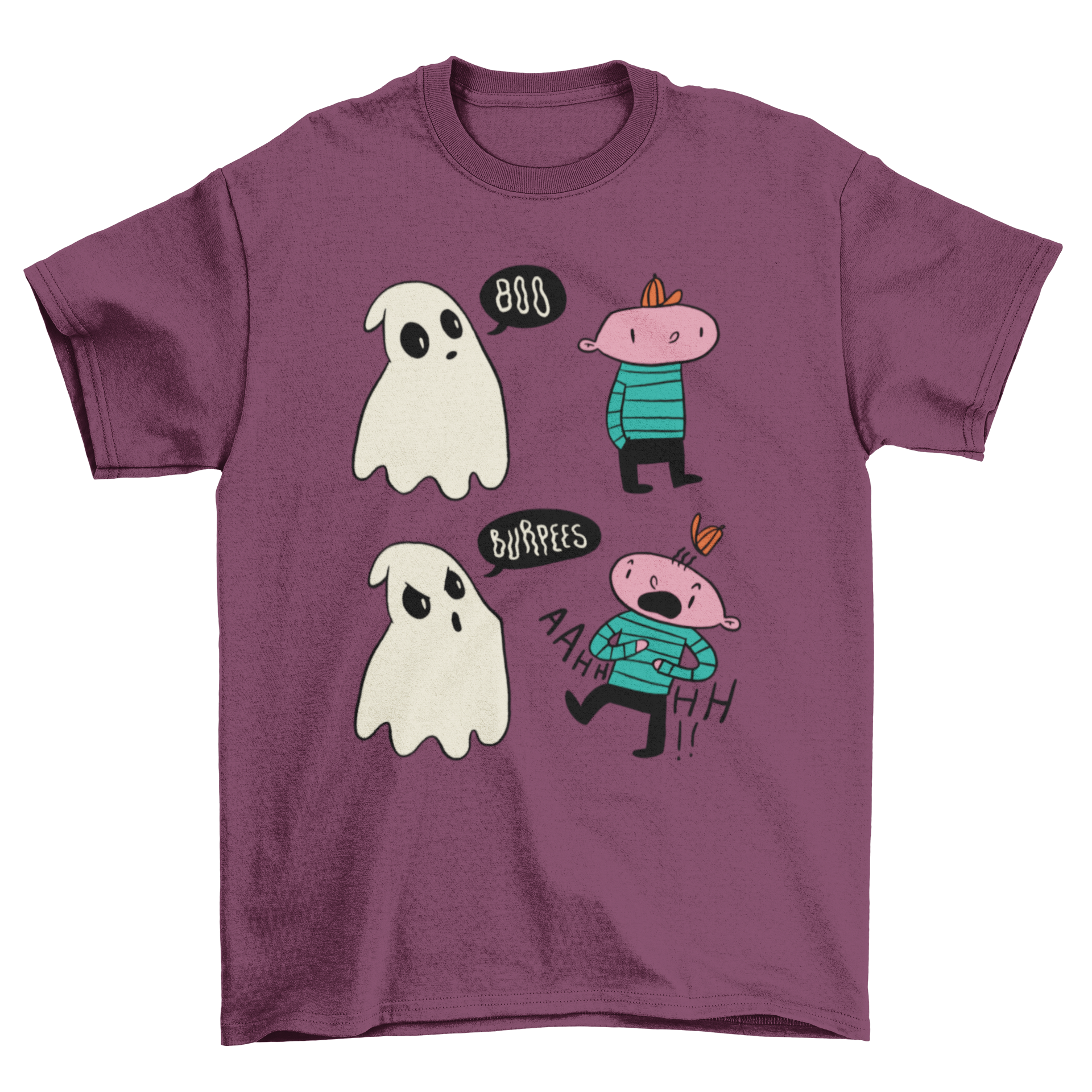 A humorous Boo Burpees T-shirt featuring a ghost trying to scare a child, with the text 'Burpees' in a playful font.