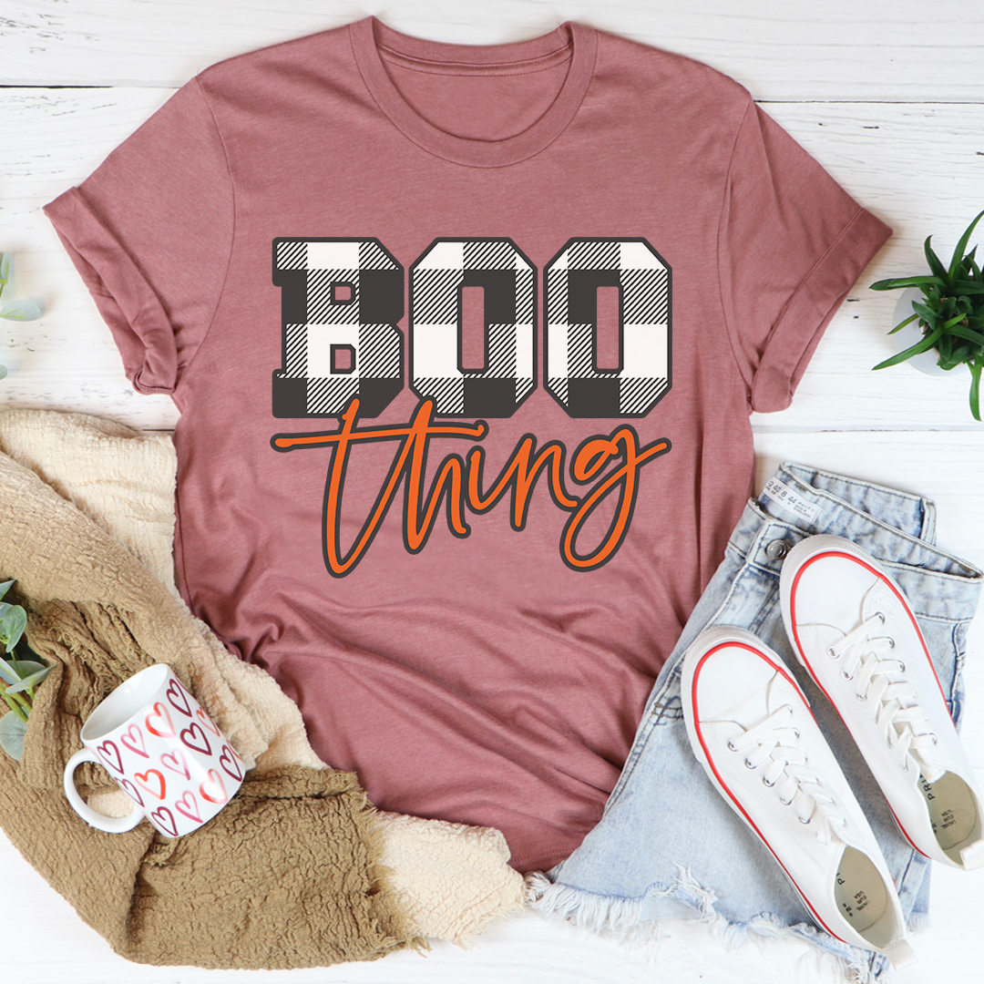 Boo Thing T-Shirt made of soft ring-spun cotton, featuring double stitching for durability, available in various sizes.