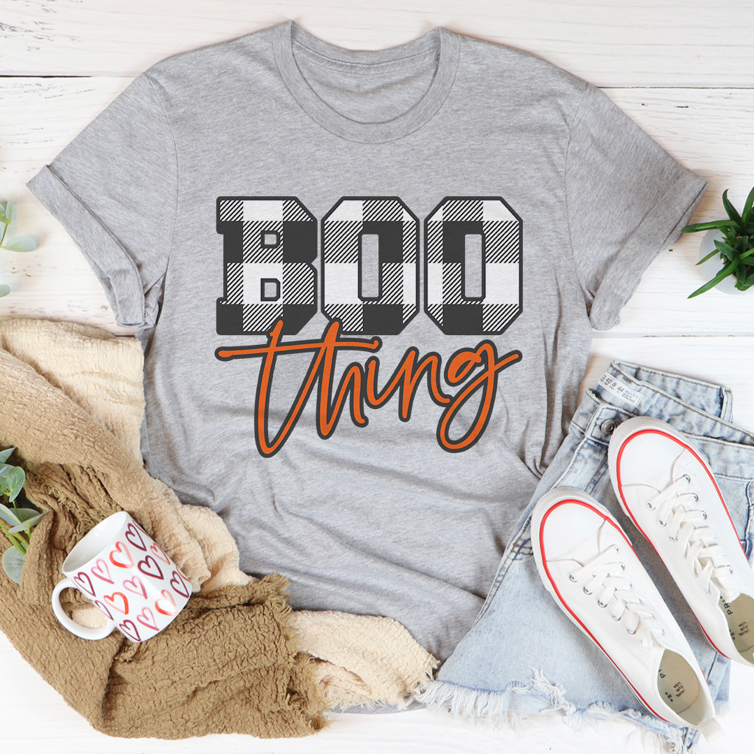 Boo Thing T-Shirt made of soft ring-spun cotton, featuring double stitching for durability, available in various sizes.