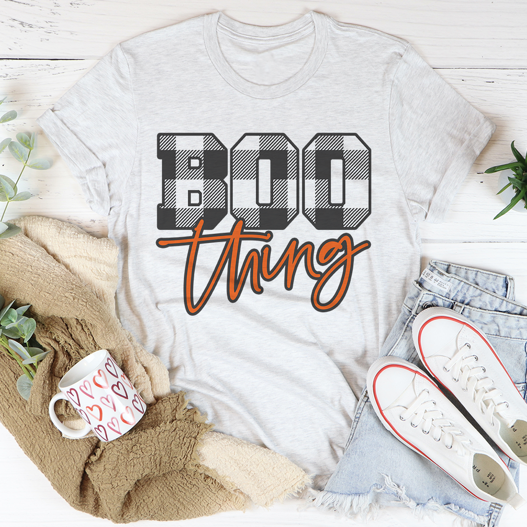 Boo Thing T-Shirt made of soft ring-spun cotton, featuring double stitching for durability, available in various sizes.