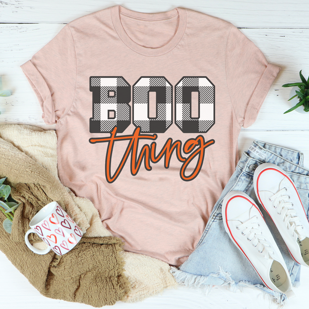 Boo Thing T-Shirt made of soft ring-spun cotton, featuring double stitching for durability, available in various sizes.