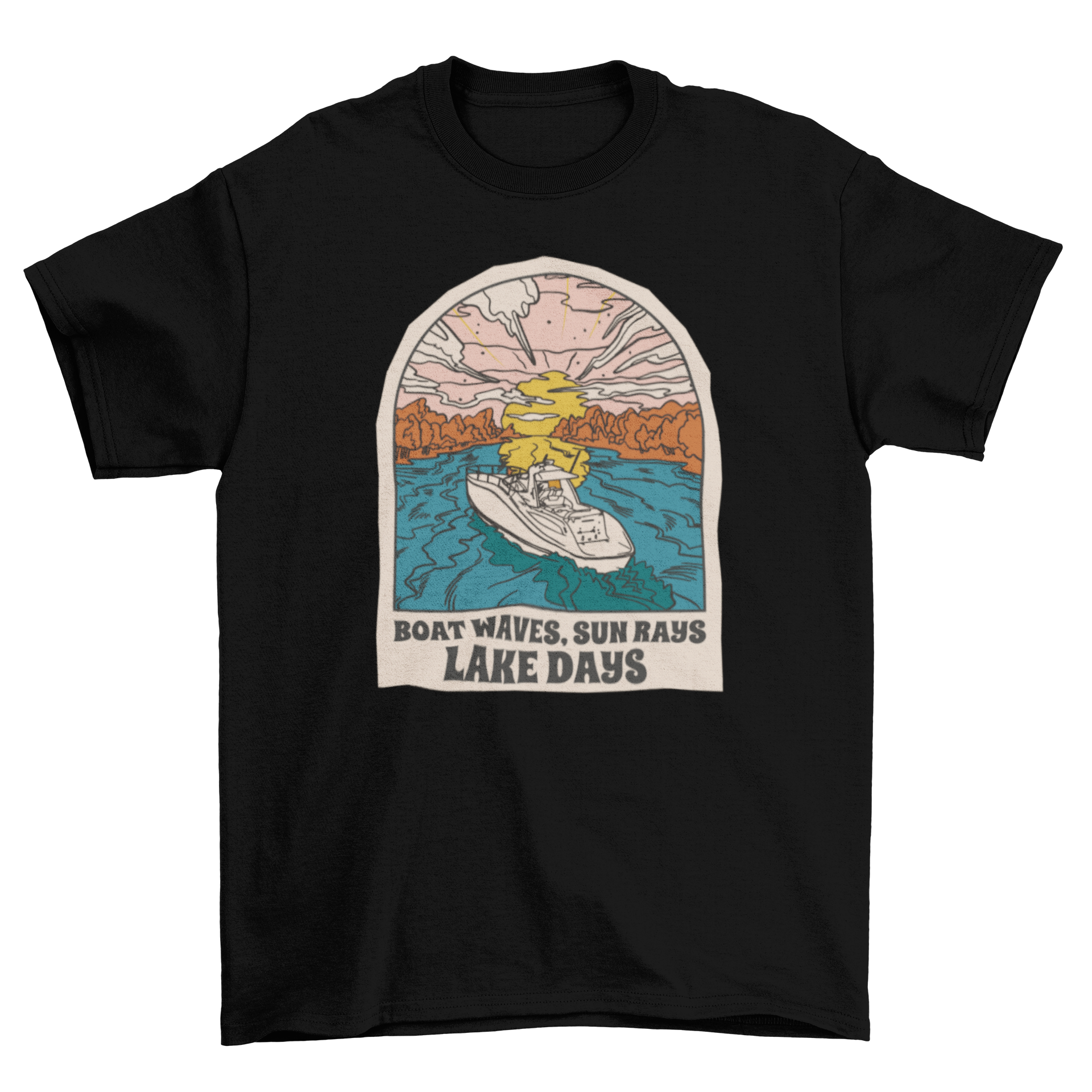 A vibrant t-shirt featuring a boat on a lake at sunset with an inspiring quote.