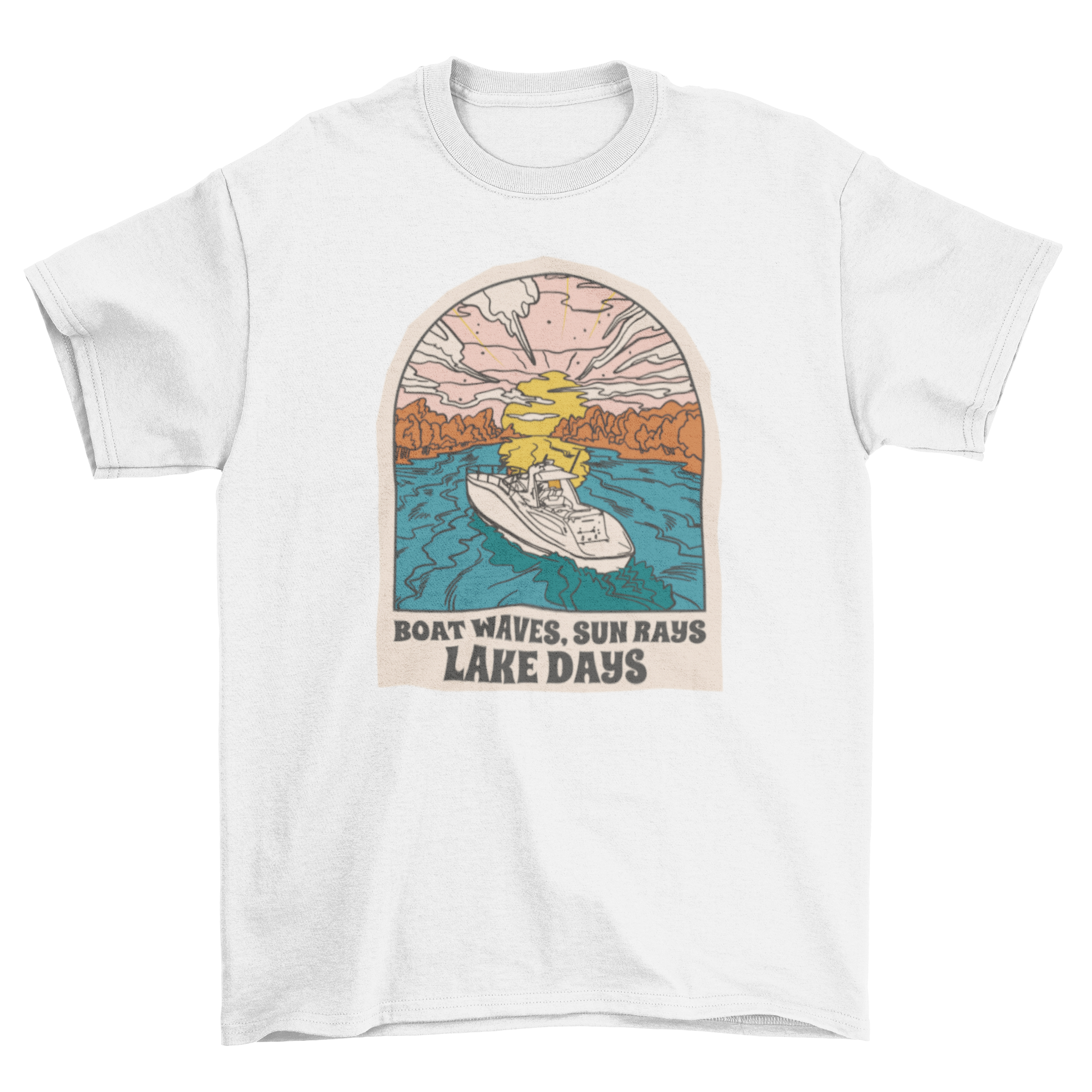 A vibrant t-shirt featuring a boat on a lake at sunset with an inspiring quote.