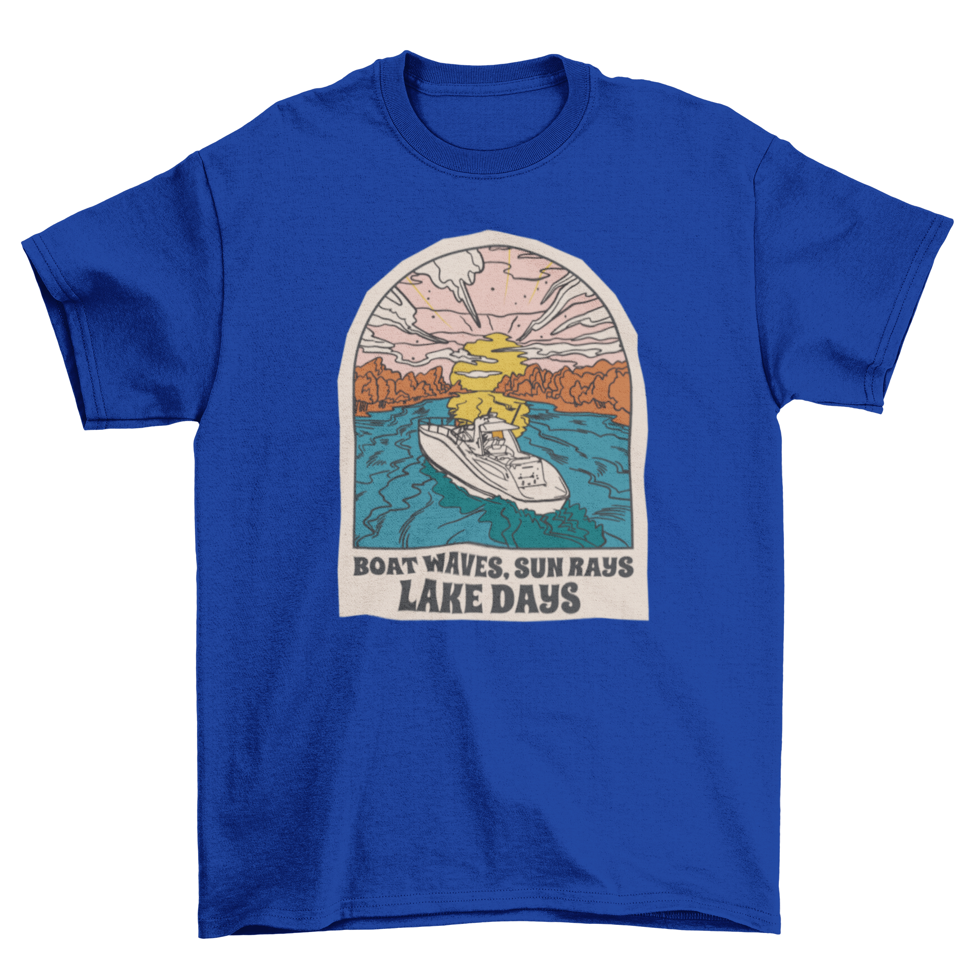 A vibrant t-shirt featuring a boat on a lake at sunset with an inspiring quote.