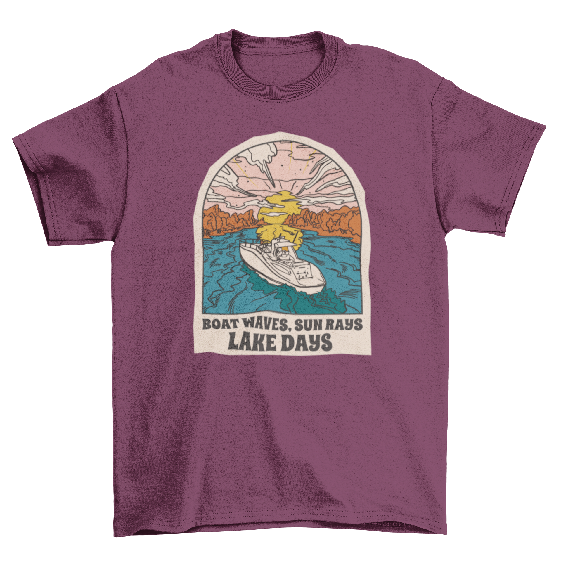 A vibrant t-shirt featuring a boat on a lake at sunset with an inspiring quote.