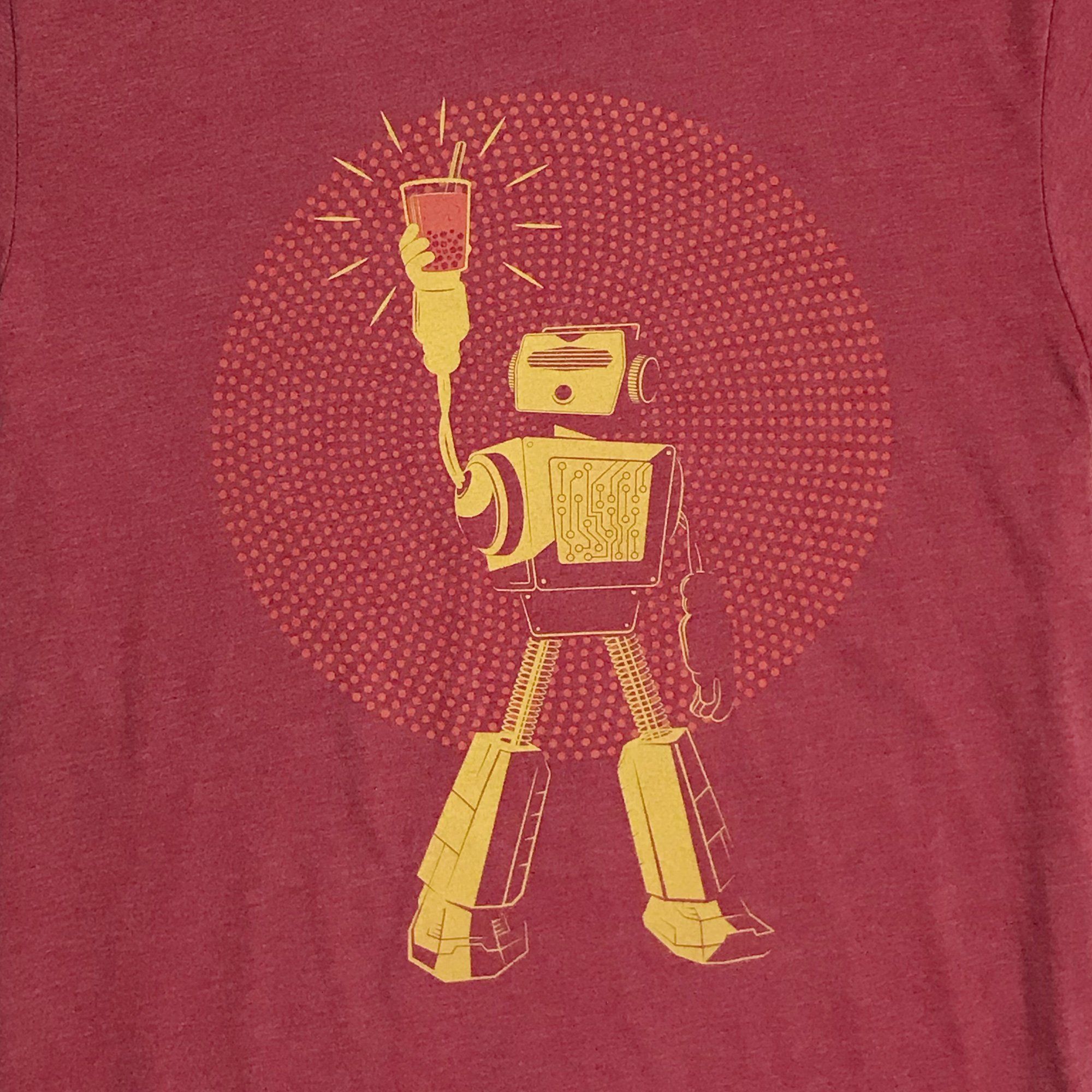 Boba Power T-shirt featuring a boba tea-drinking robot design in heather red, showcasing a comfortable and stylish fit.