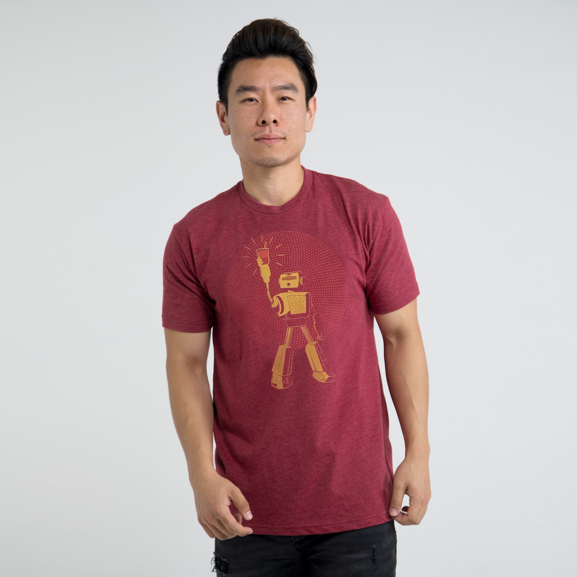 Boba Power T-shirt featuring a boba tea-drinking robot design in heather red, showcasing a comfortable and stylish fit.