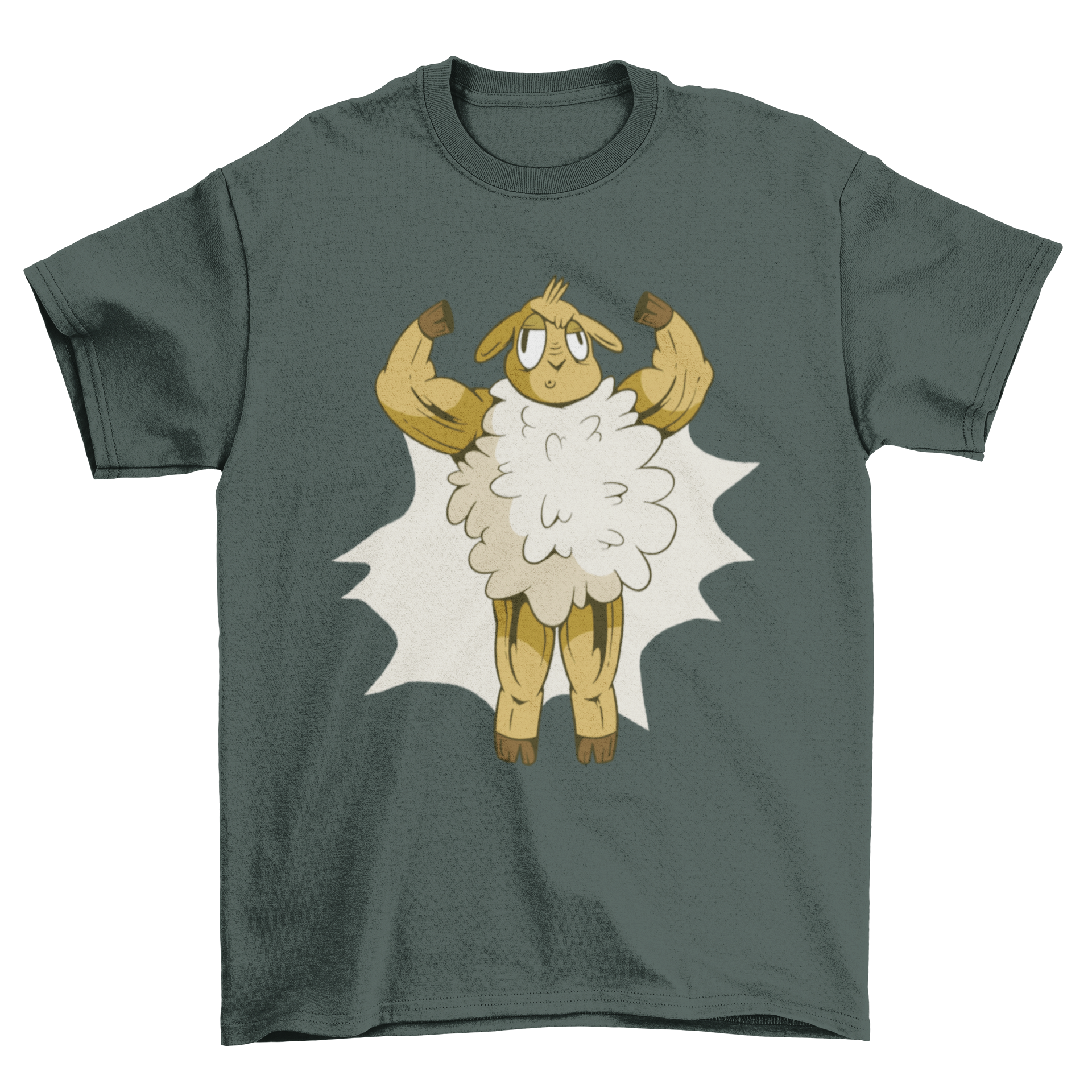 A cartoon-style t-shirt featuring a muscular sheep flexing its muscles, showcasing a fun and unique design.