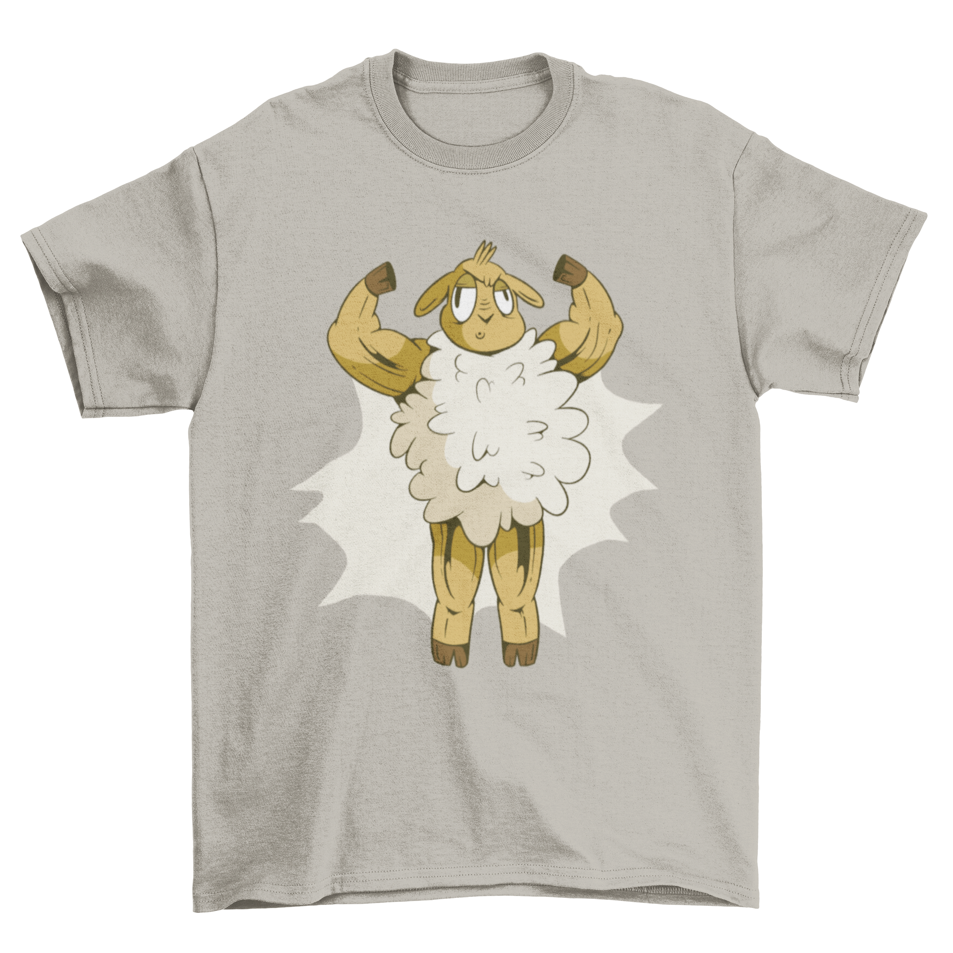 A cartoon-style t-shirt featuring a muscular sheep flexing its muscles, showcasing a fun and unique design.