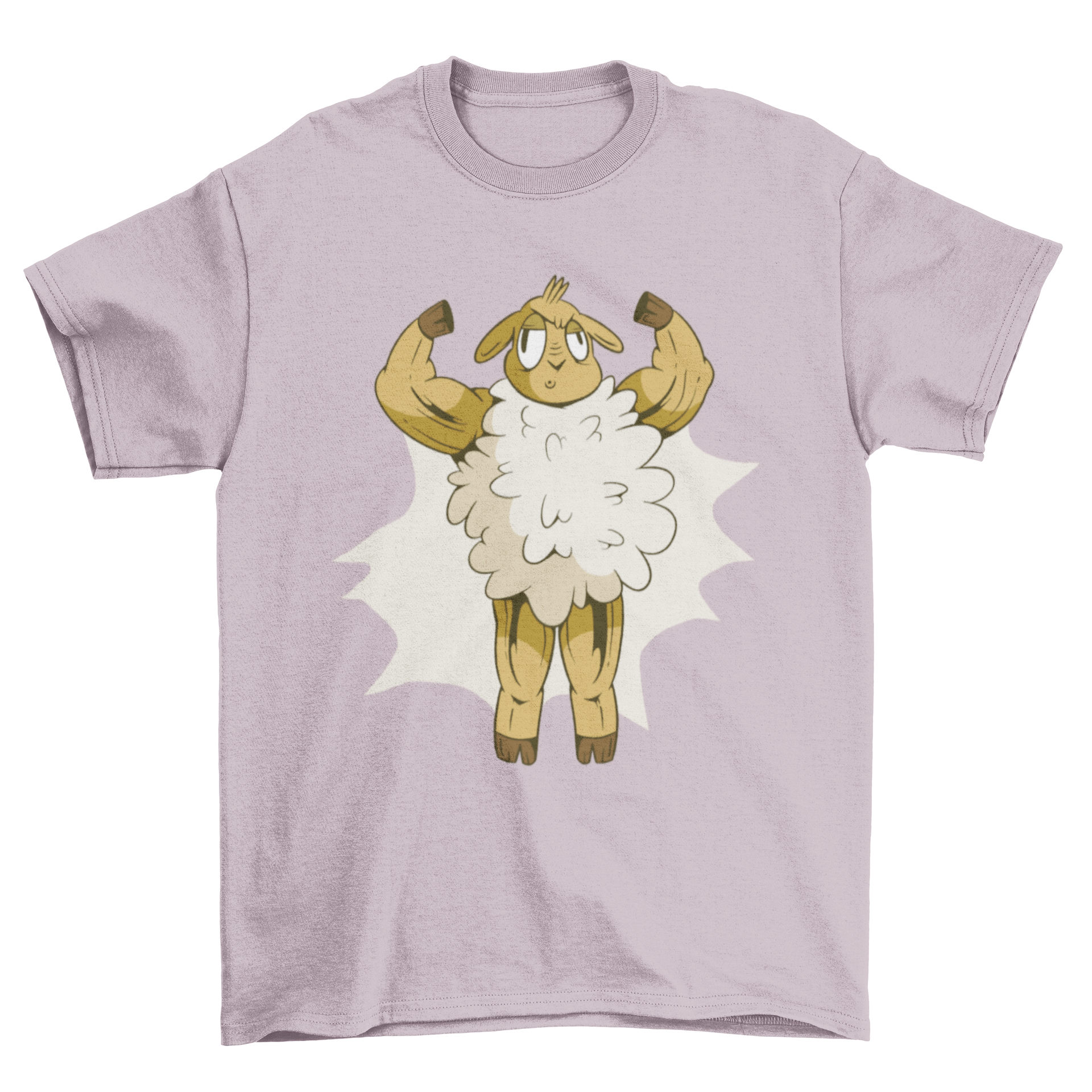 A cartoon-style t-shirt featuring a muscular sheep flexing its muscles, showcasing a fun and unique design.