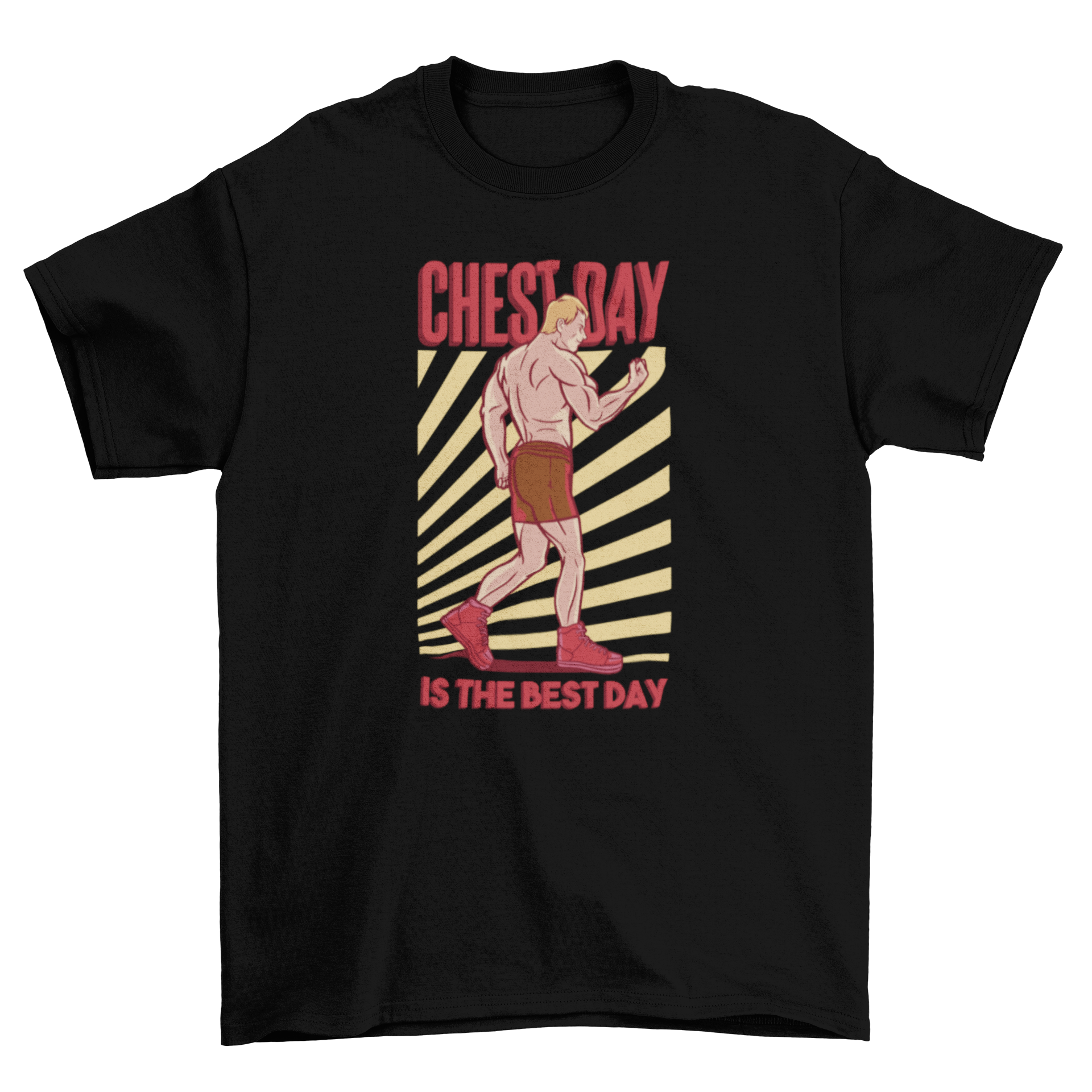 A stylish t-shirt featuring a muscular man lifting weights with the quote 'Chest day is the best day' printed on it.